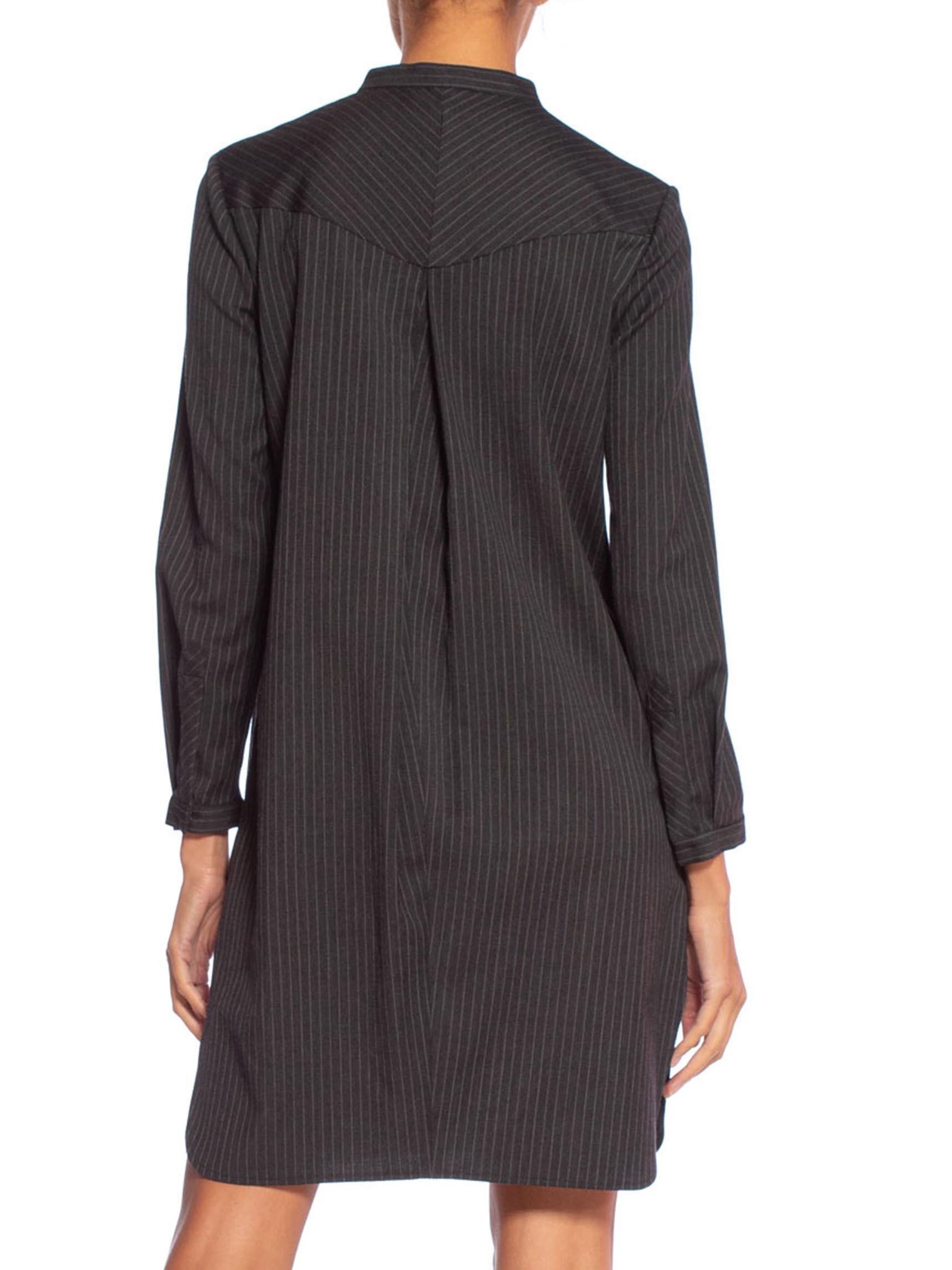 1980'S Dark Grey Wool Suiting Pinstripe Japanese Modernist Tunic Shirt Dress 6