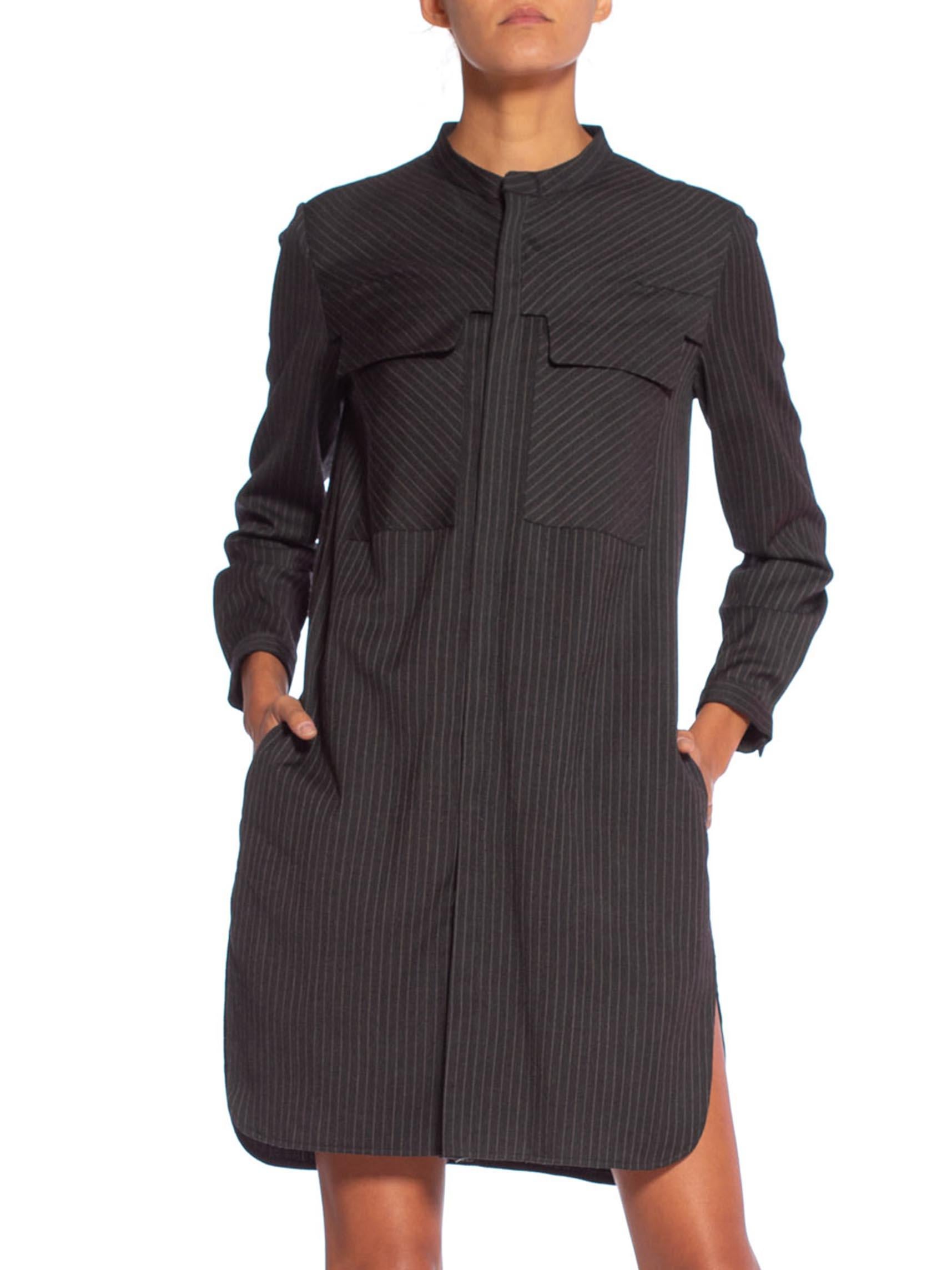 Black 1980'S Dark Grey Wool Suiting Pinstripe Japanese Modernist Tunic Shirt Dress