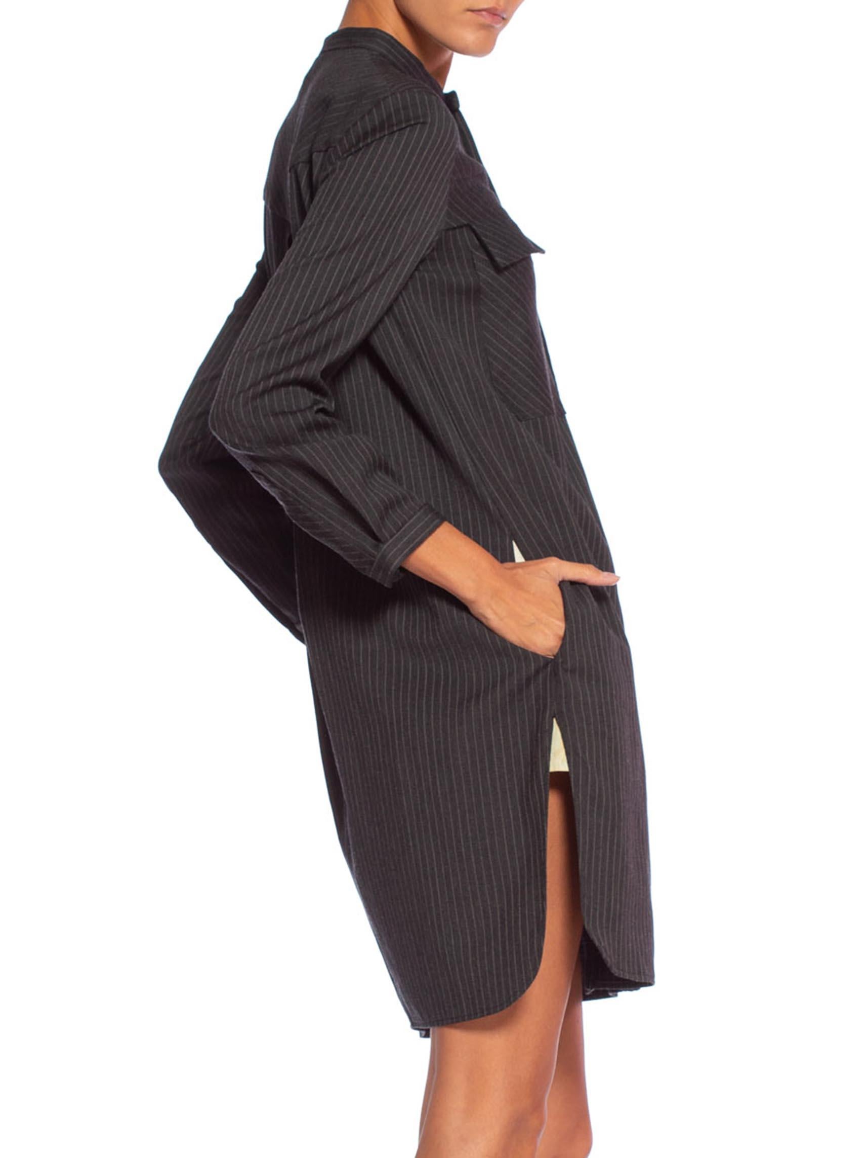 1980'S Dark Grey Wool Suiting Pinstripe Japanese Modernist Tunic Shirt Dress In Excellent Condition In New York, NY