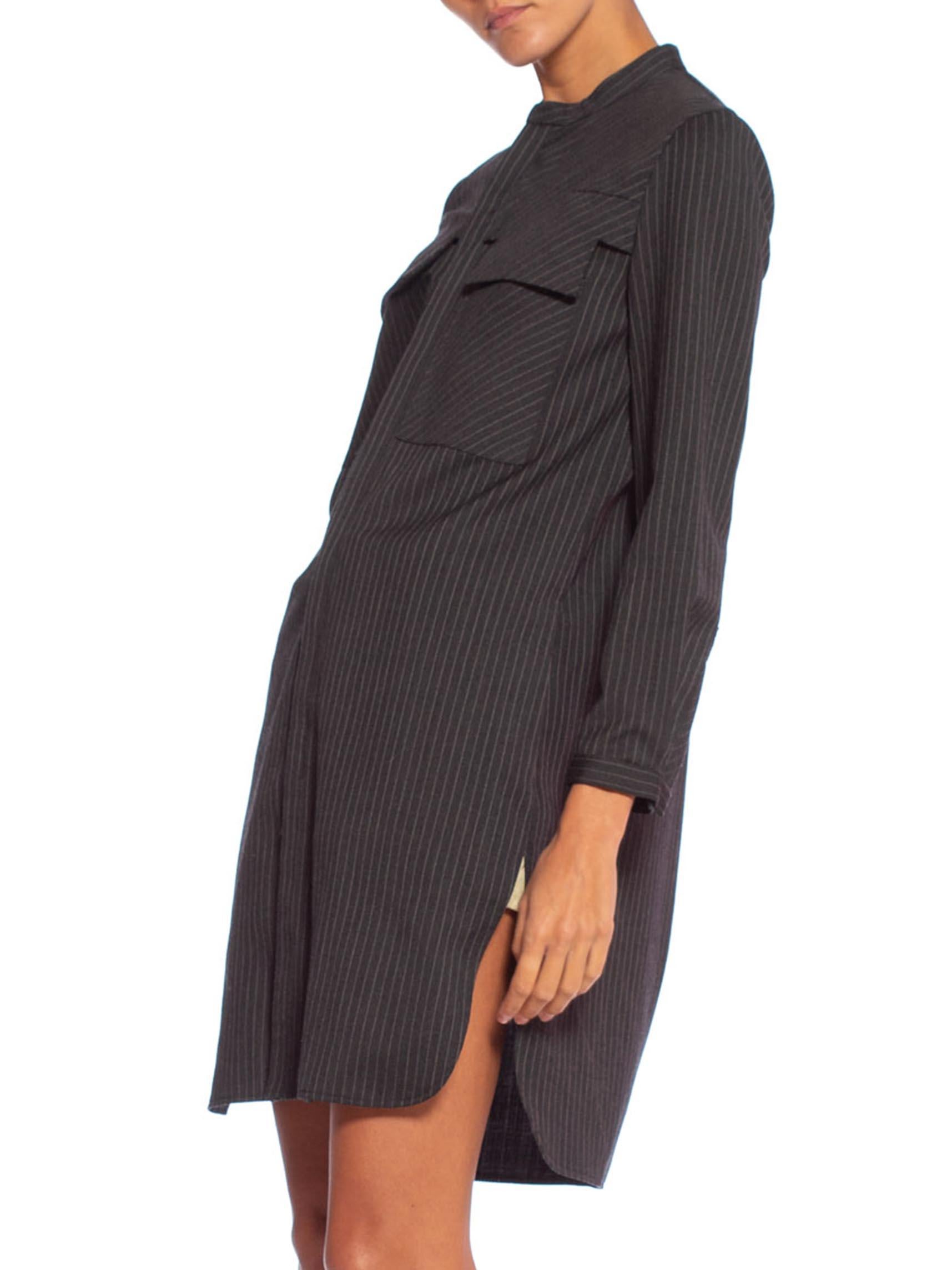 Women's 1980'S Dark Grey Wool Suiting Pinstripe Japanese Modernist Tunic Shirt Dress