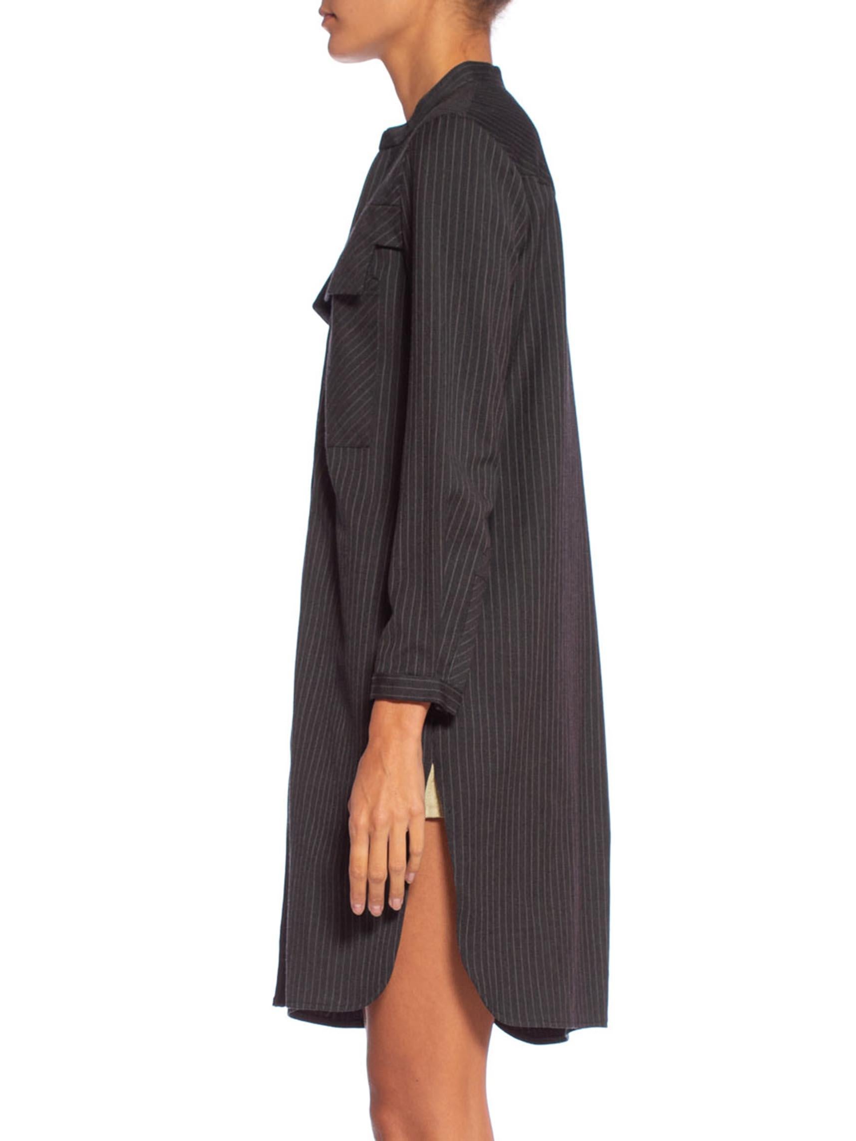 1980'S Dark Grey Wool Suiting Pinstripe Japanese Modernist Tunic Shirt Dress 1