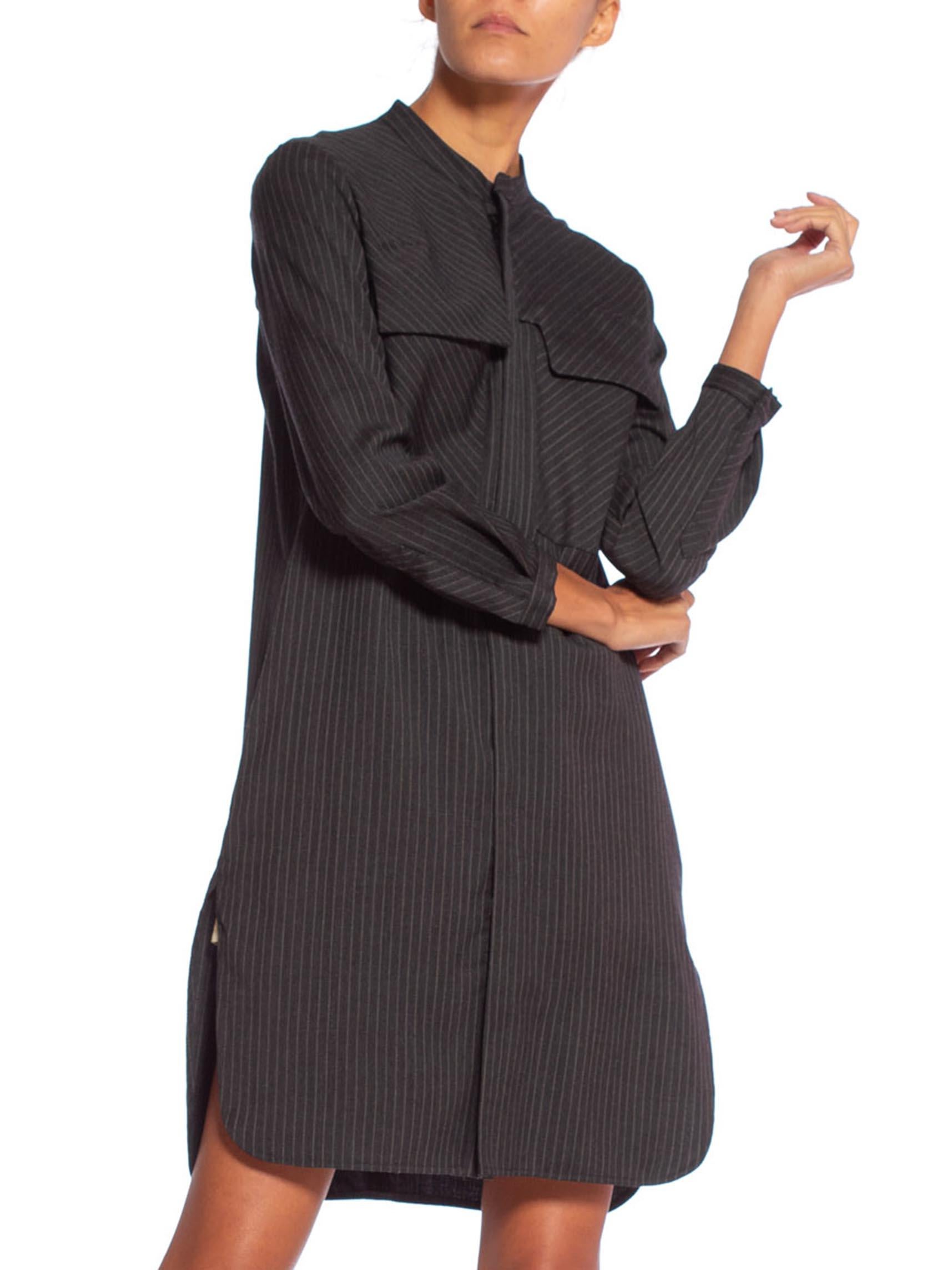 1980'S Dark Grey Wool Suiting Pinstripe Japanese Modernist Tunic Shirt Dress 2
