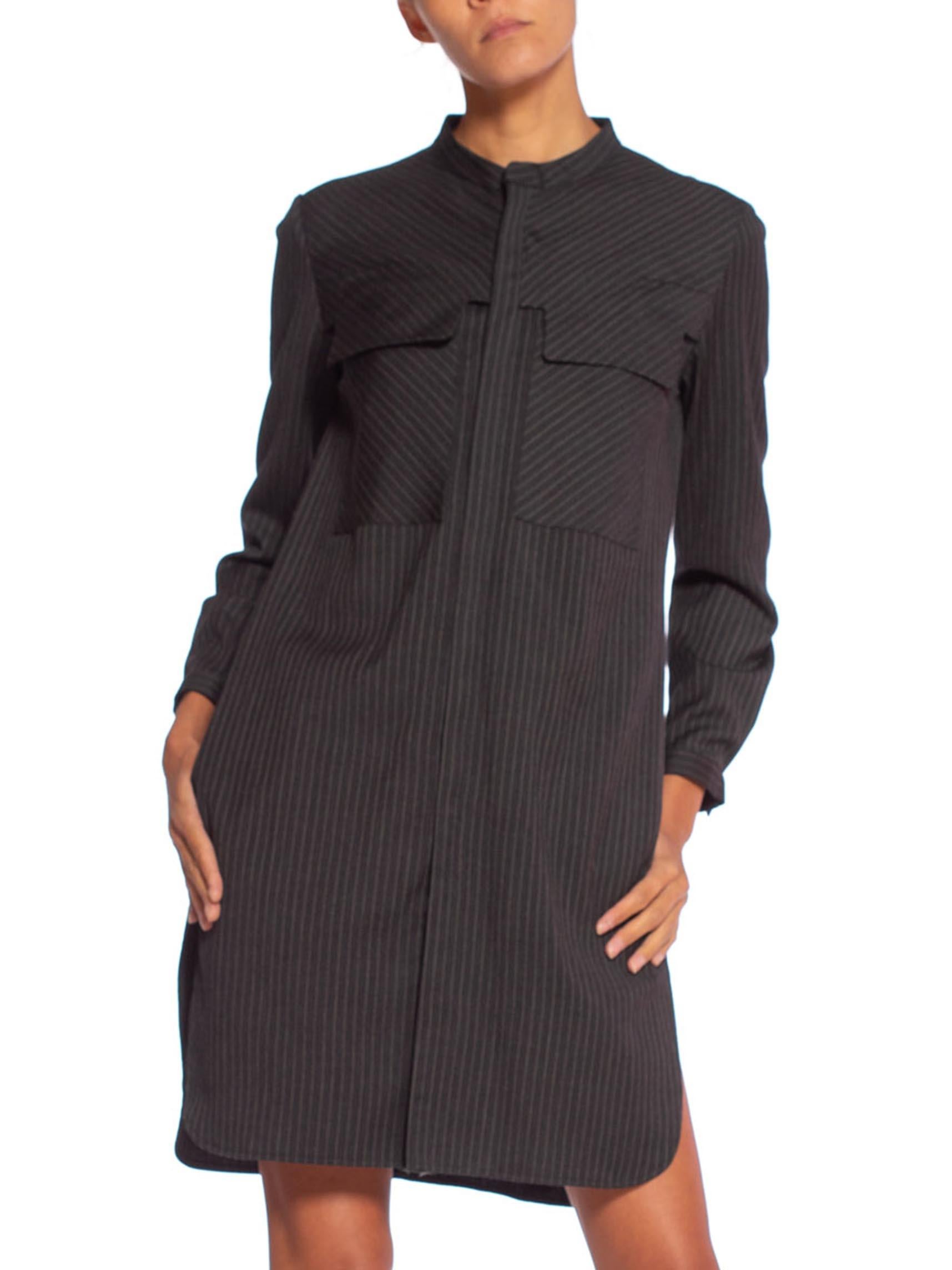 1980'S Dark Grey Wool Suiting Pinstripe Japanese Modernist Tunic Shirt Dress 3