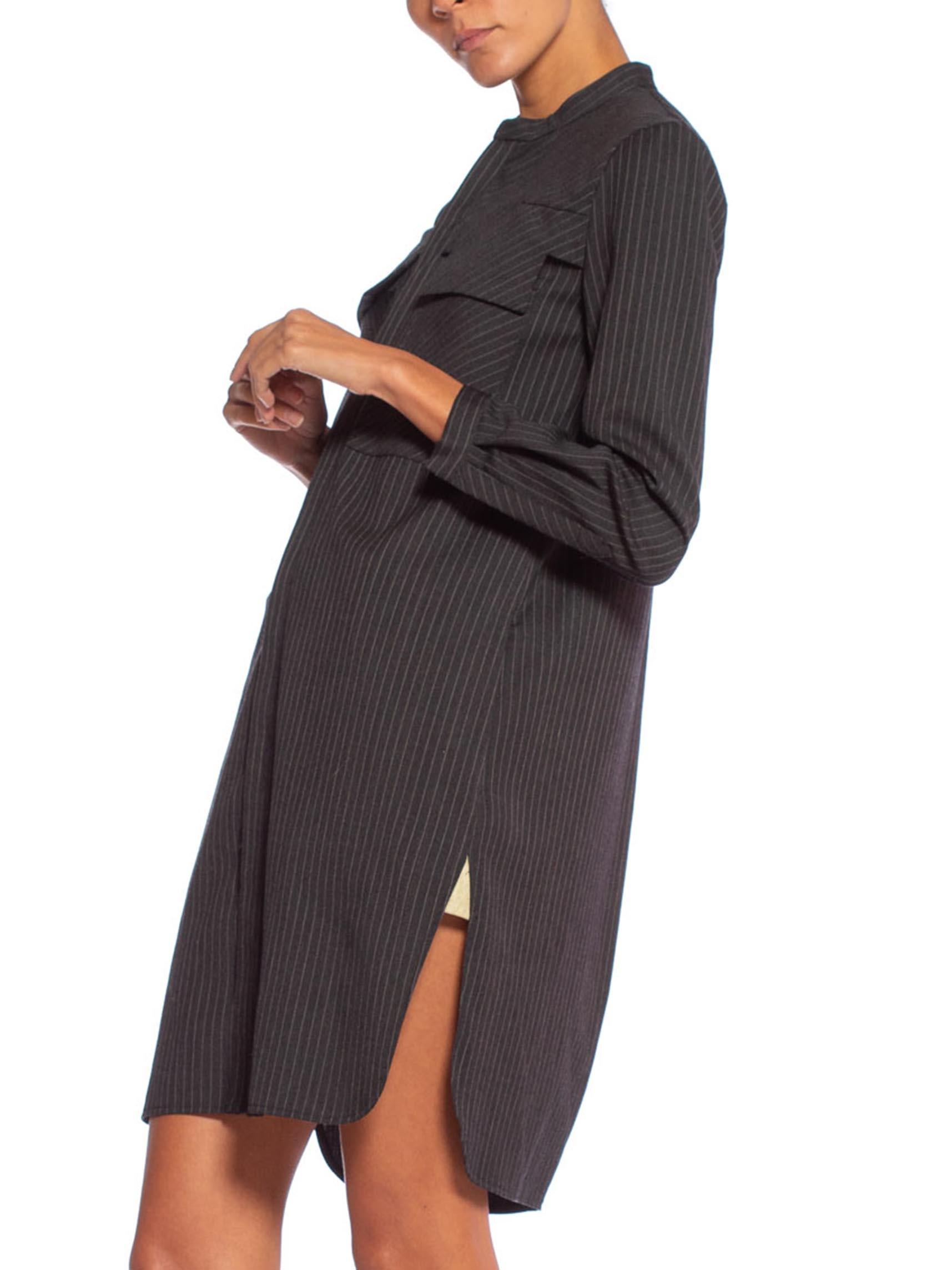 1980'S Dark Grey Wool Suiting Pinstripe Japanese Modernist Tunic Shirt Dress 4