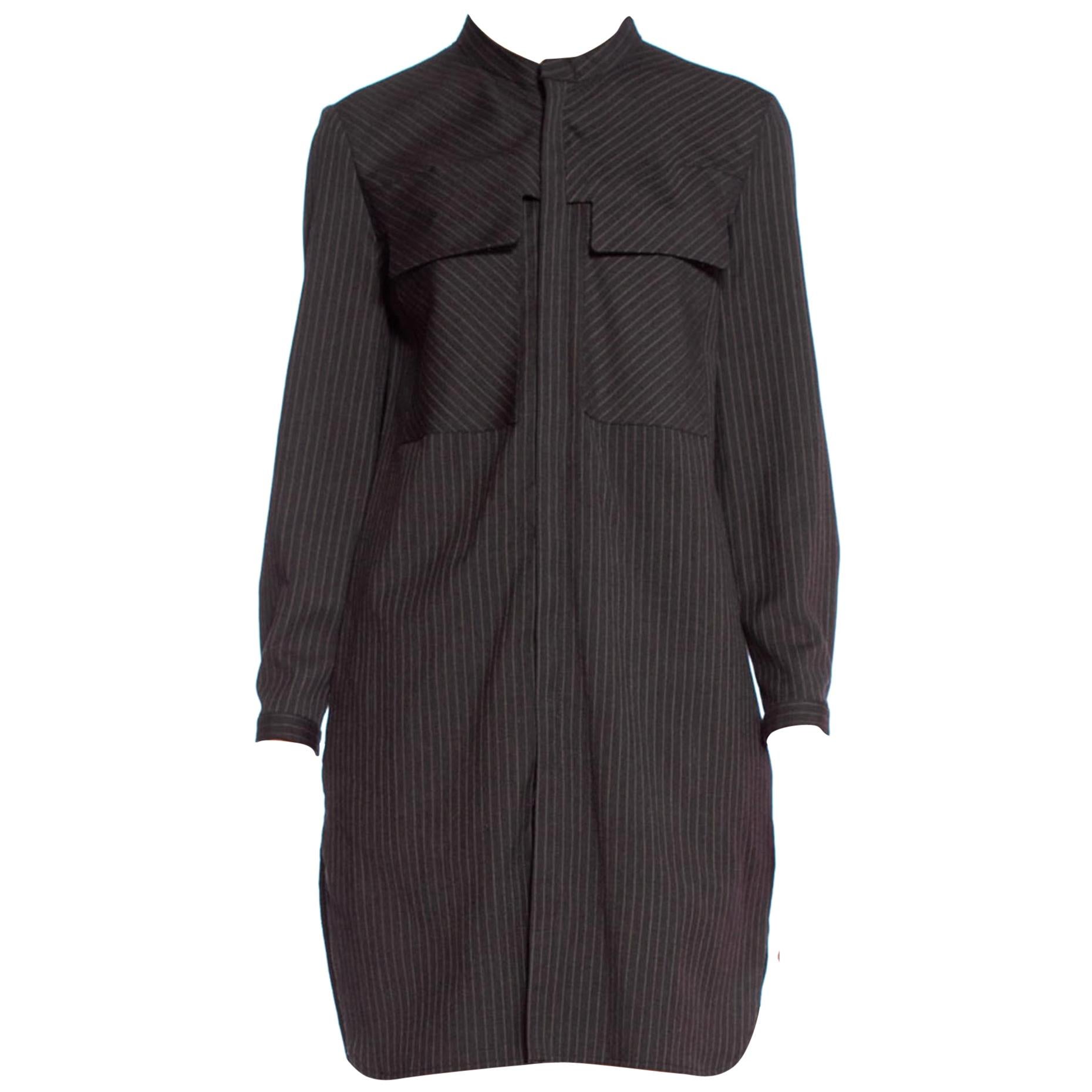 1980'S Dark Grey Wool Suiting Pinstripe Japanese Modernist Tunic Shirt Dress