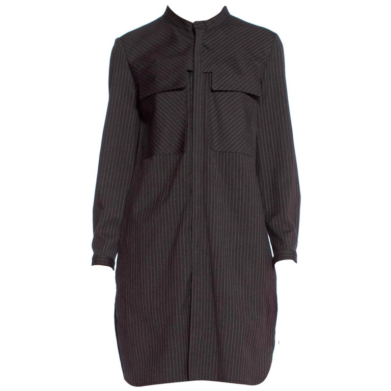 1980'S Dark Grey Wool Suiting Pinstripe Japanese Modernist Tunic Shirt ...