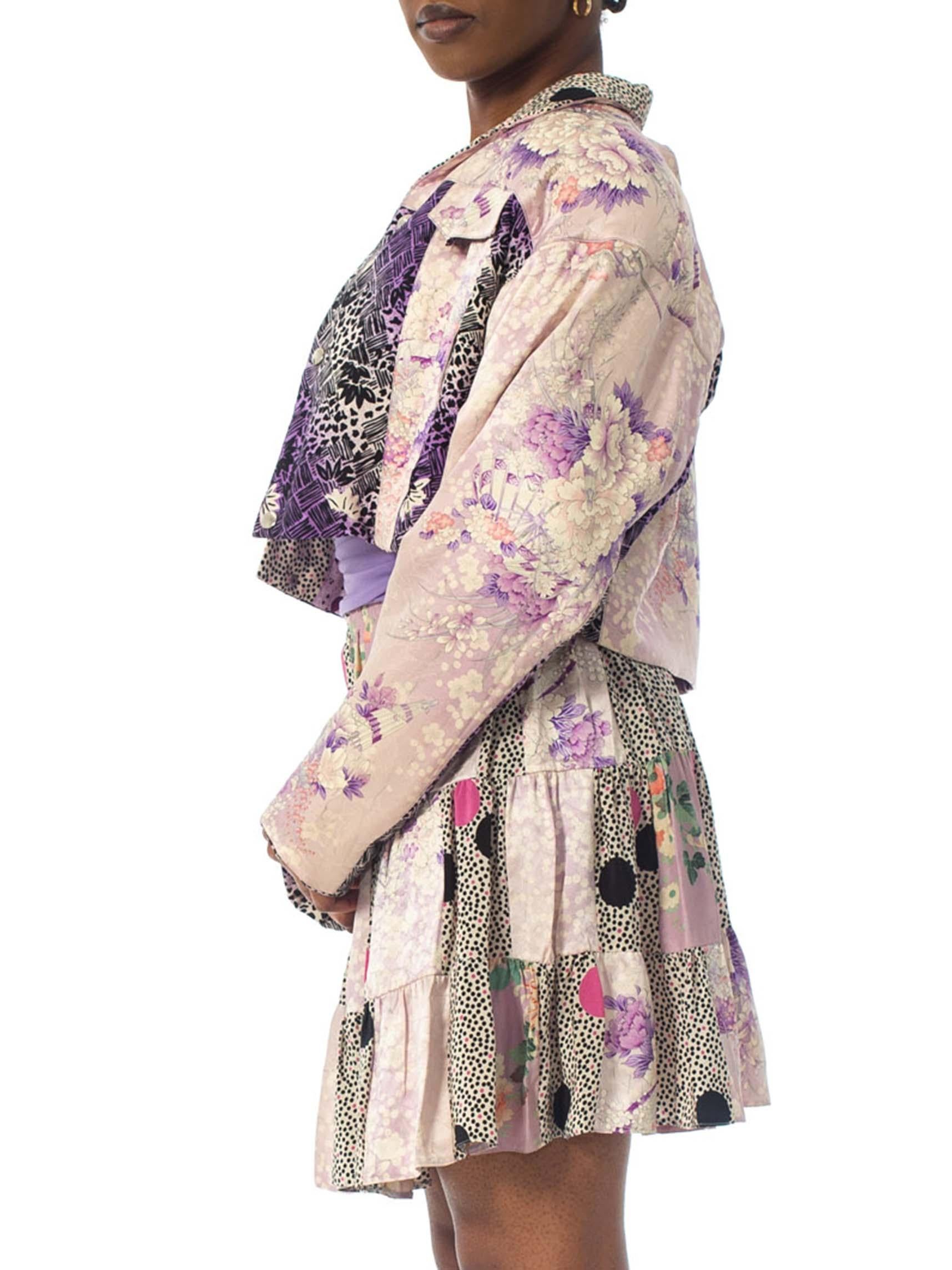 Beige 1980S Purple Printed Skirt, Top & Jacket Ensemble Made From Japanese Kimono Silk For Sale
