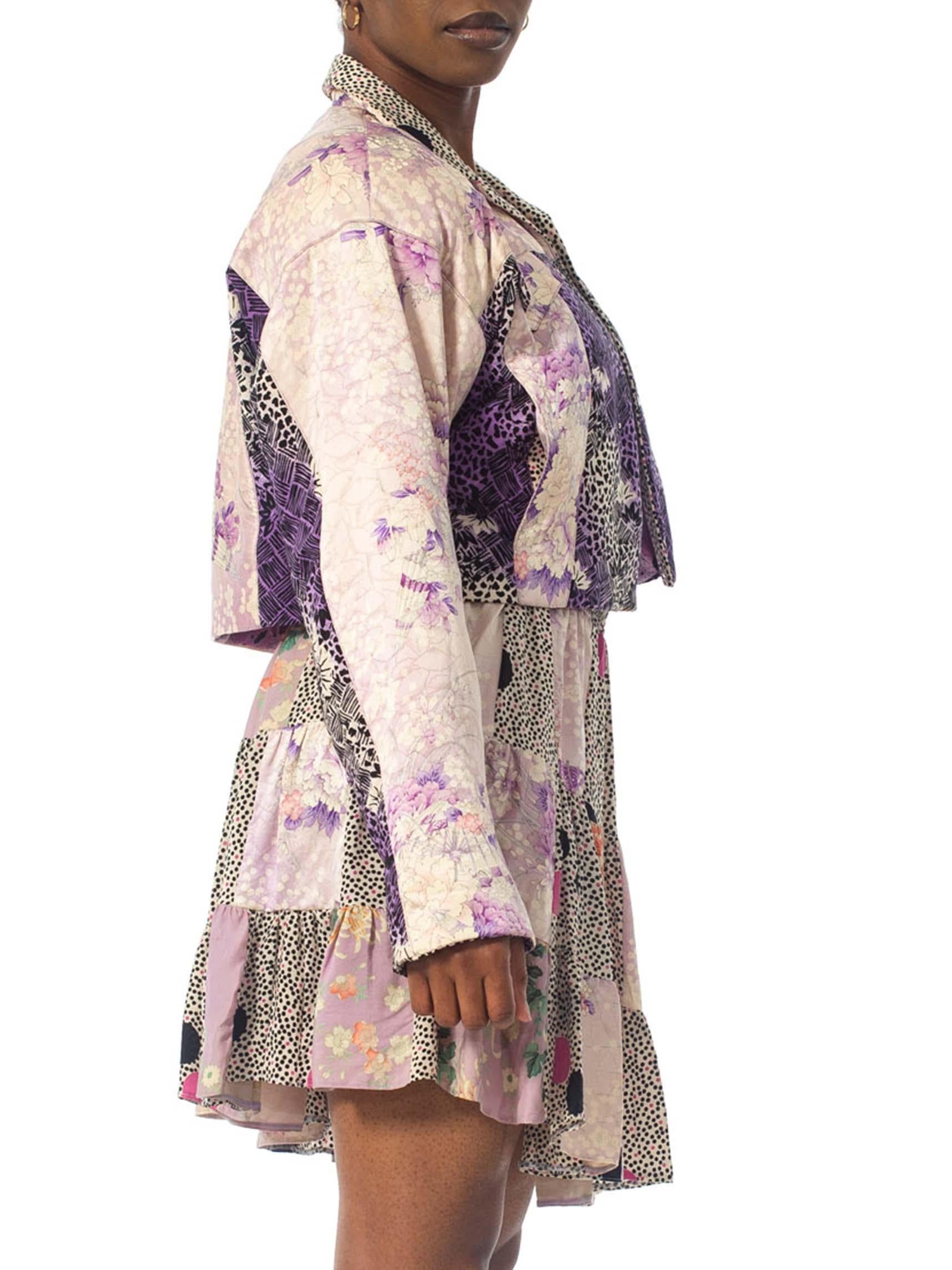 1980S Purple Printed Skirt, Top & Jacket Ensemble Made From Japanese Kimono Silk In Good Condition For Sale In New York, NY