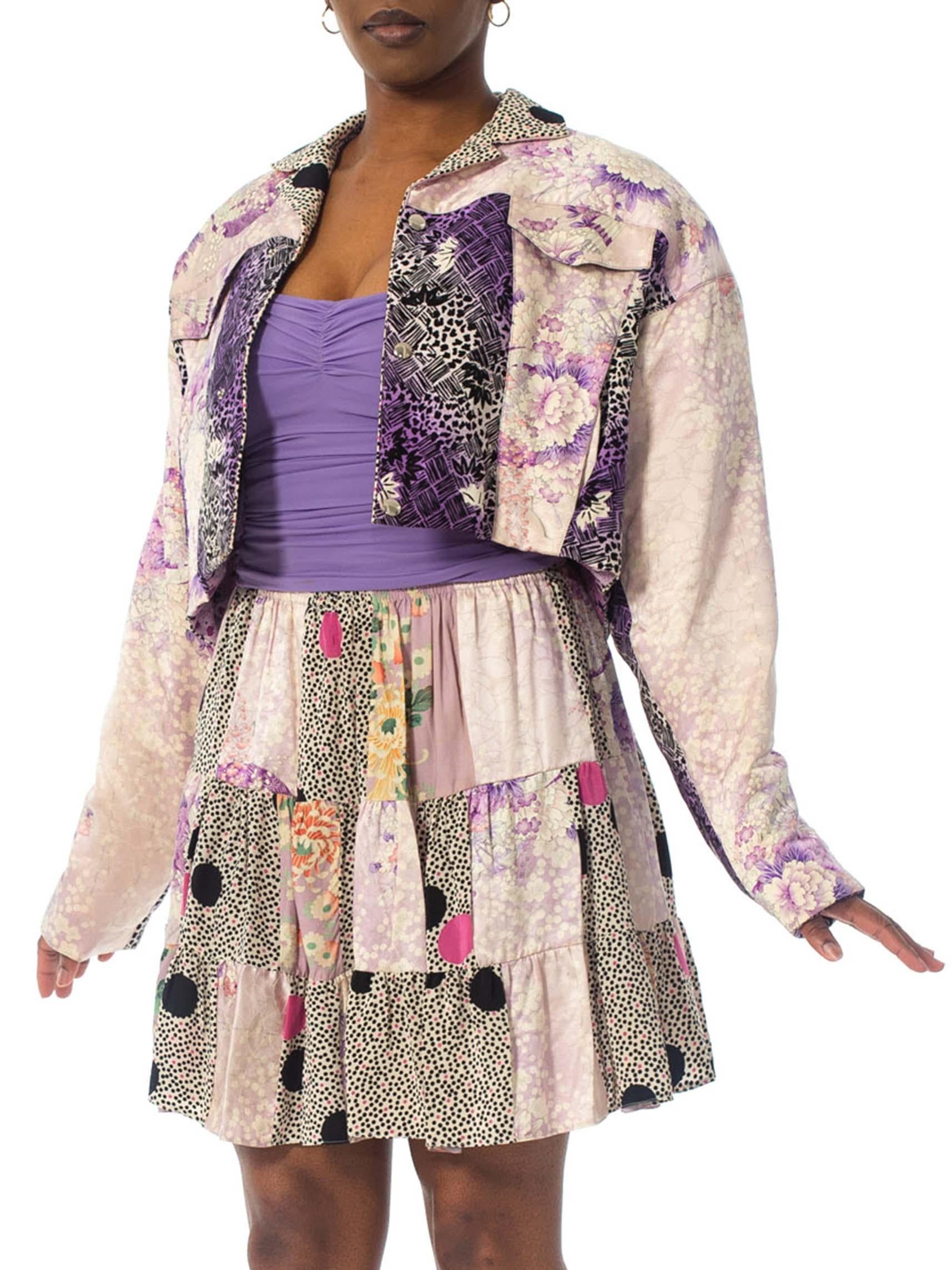 Women's 1980S Purple Printed Skirt, Top & Jacket Ensemble Made From Japanese Kimono Silk For Sale