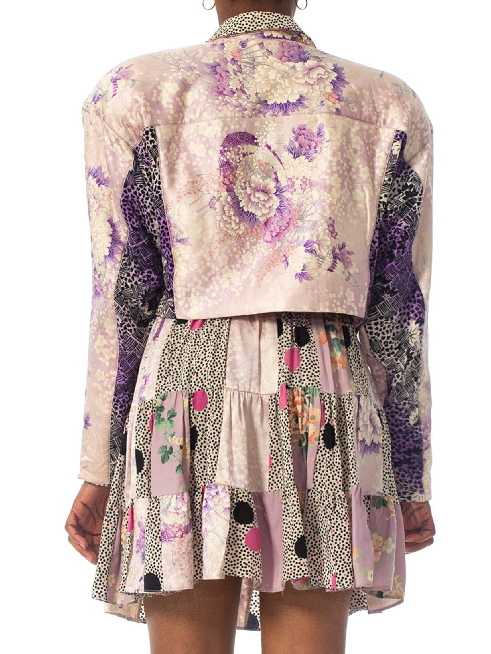 1980S Purple Printed Skirt, Top & Jacket Ensemble Made From Japanese Kimono Silk For Sale 1