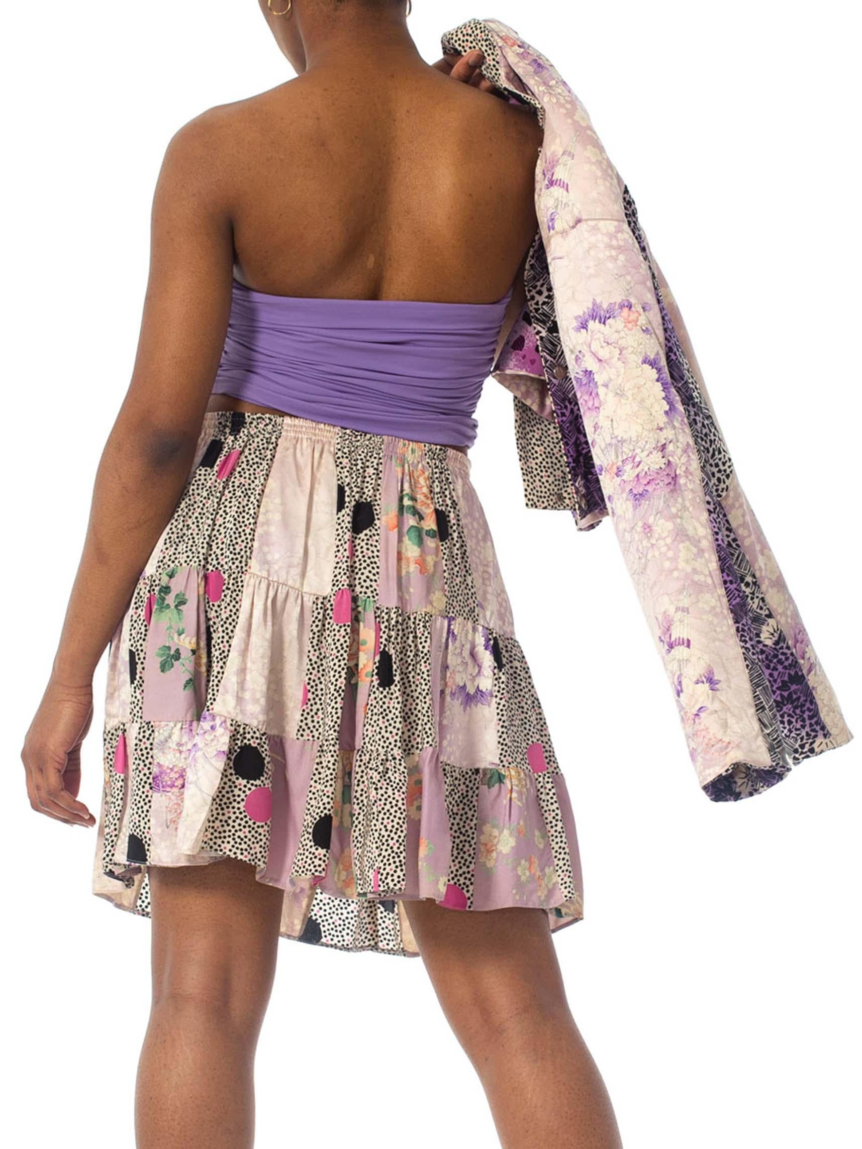 1980S Purple Printed Skirt, Top & Jacket Ensemble Made From Japanese Kimono Silk For Sale 4