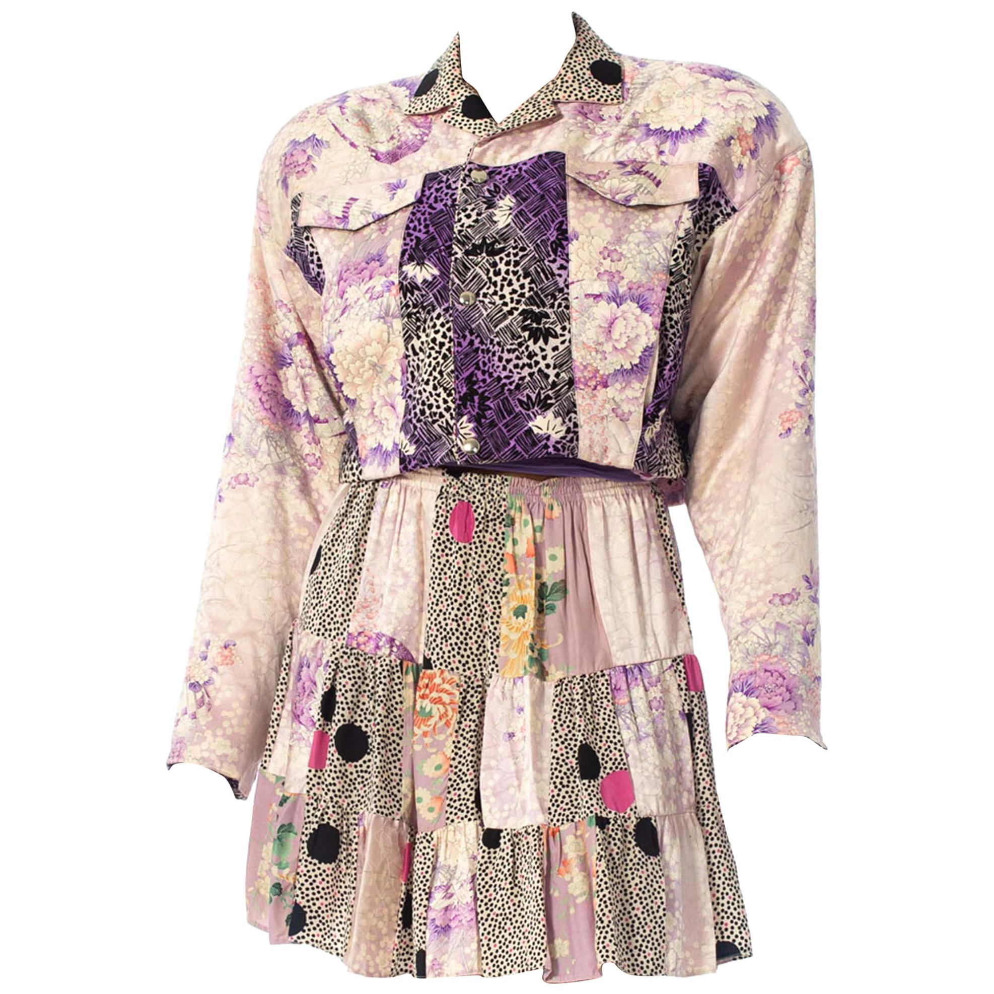1980S Purple Printed Skirt, Top & Jacket Ensemble Made From Japanese Kimono Silk For Sale