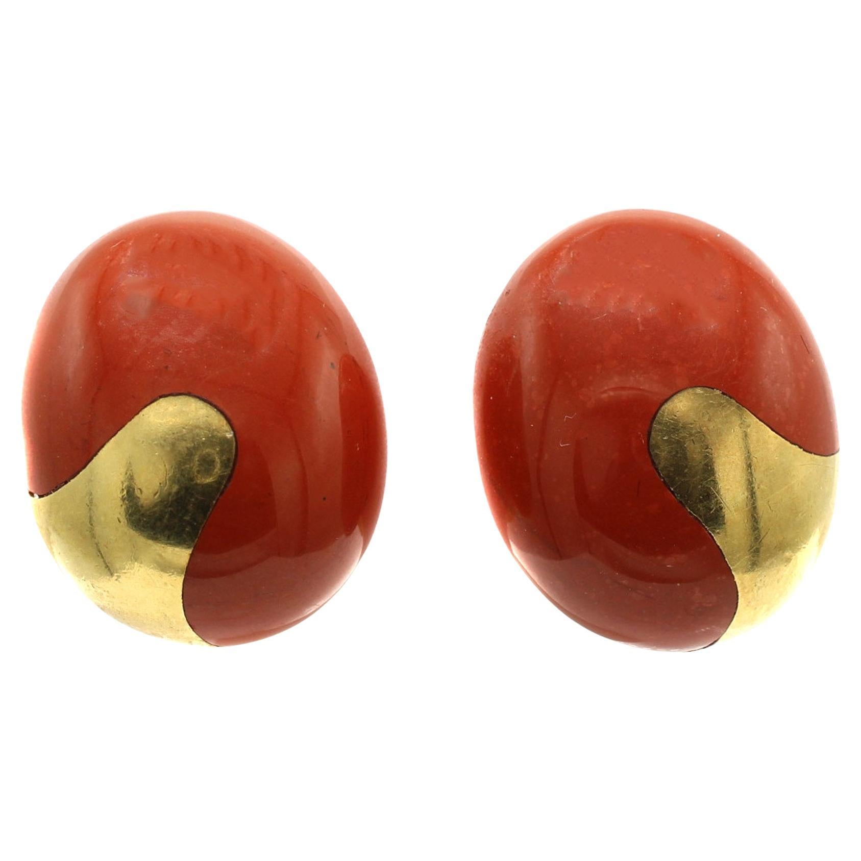 1980s Jasper 18 Karat Yellow Gold Ear Clips