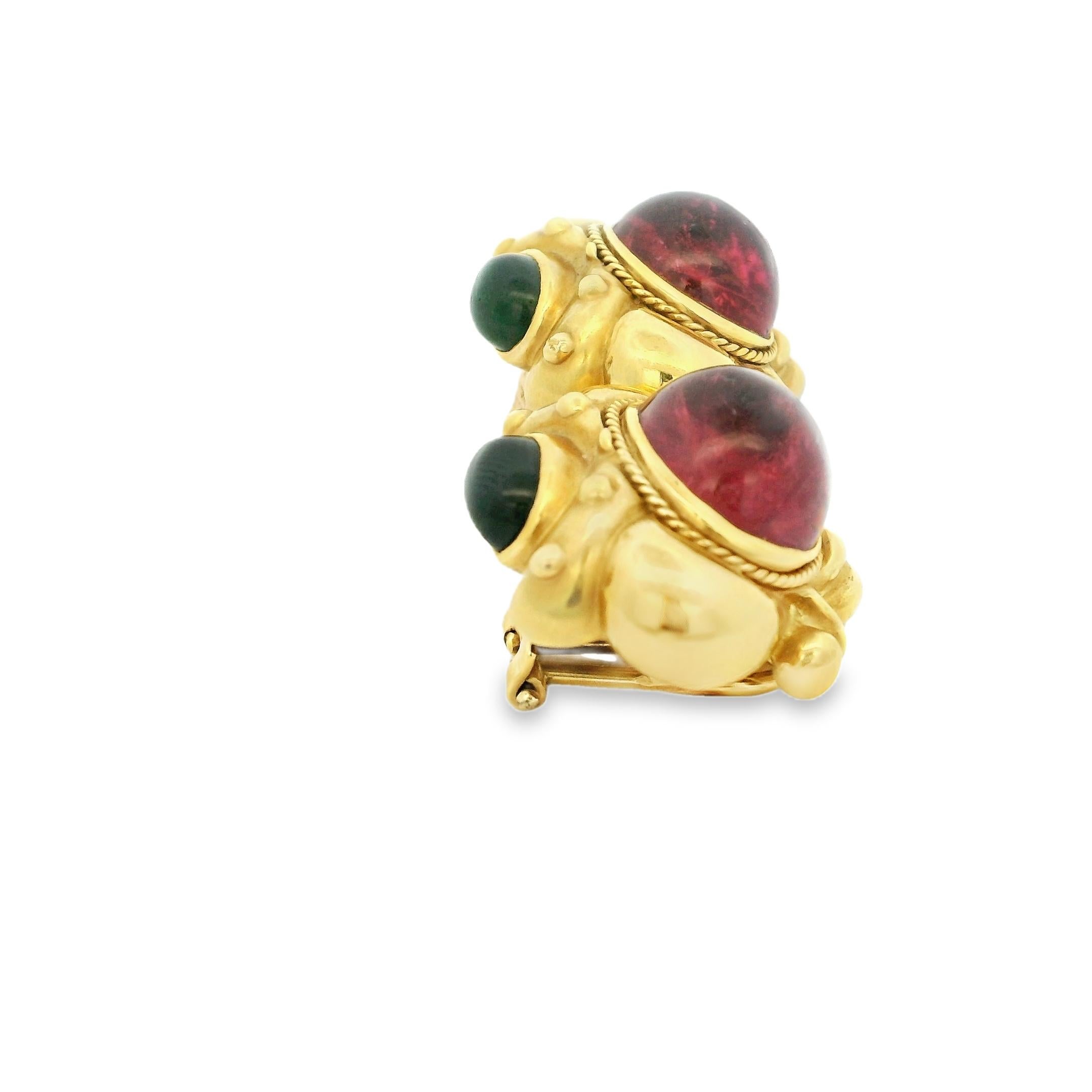 1980er JBC 18K Gelbgold Ohrringe mit rosa und grünen Turmalin Cabochons im Angebot 5