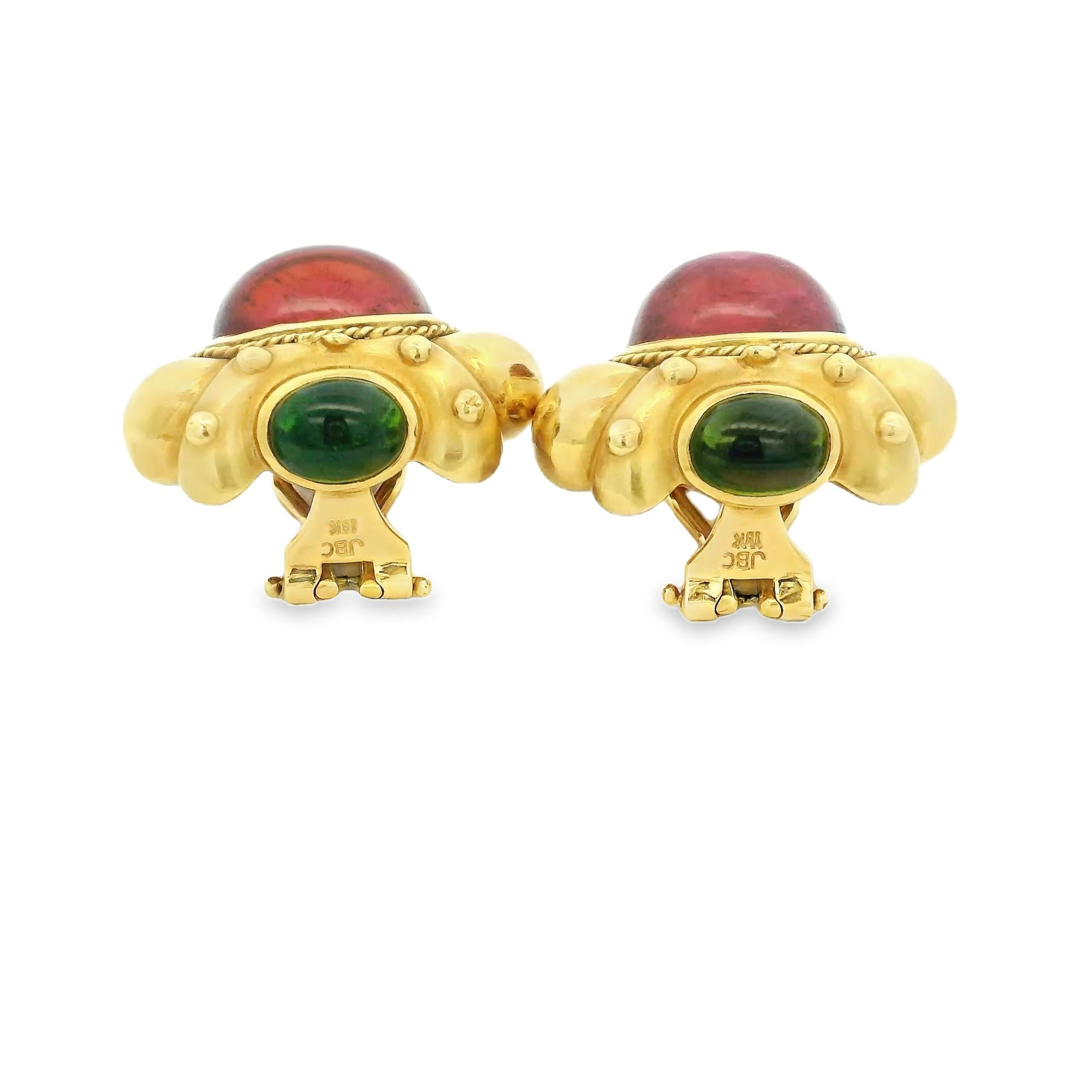 1980er JBC 18K Gelbgold Ohrringe mit rosa und grünen Turmalin Cabochons im Angebot 6