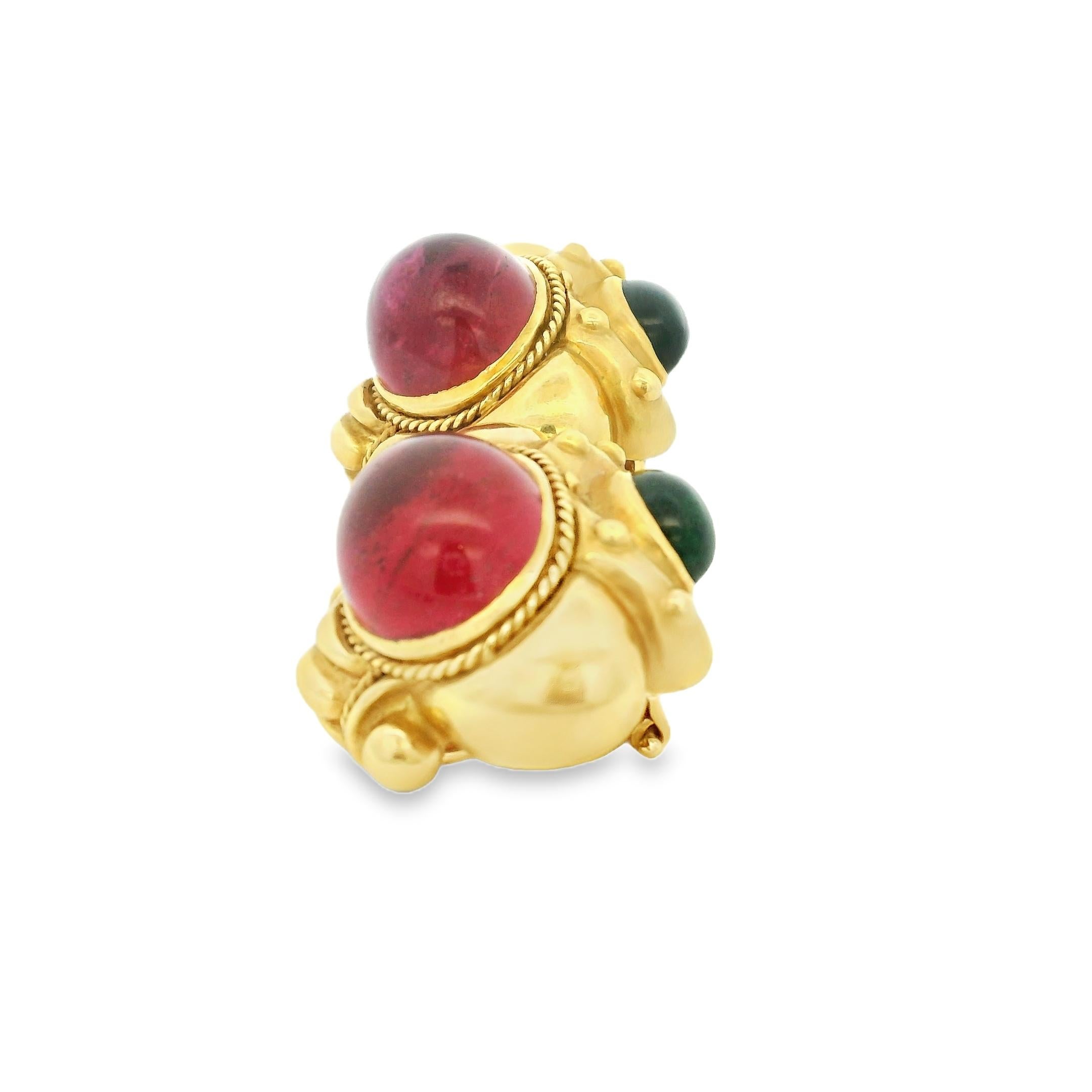 1980er JBC 18K Gelbgold Ohrringe mit rosa und grünen Turmalin Cabochons im Angebot 7