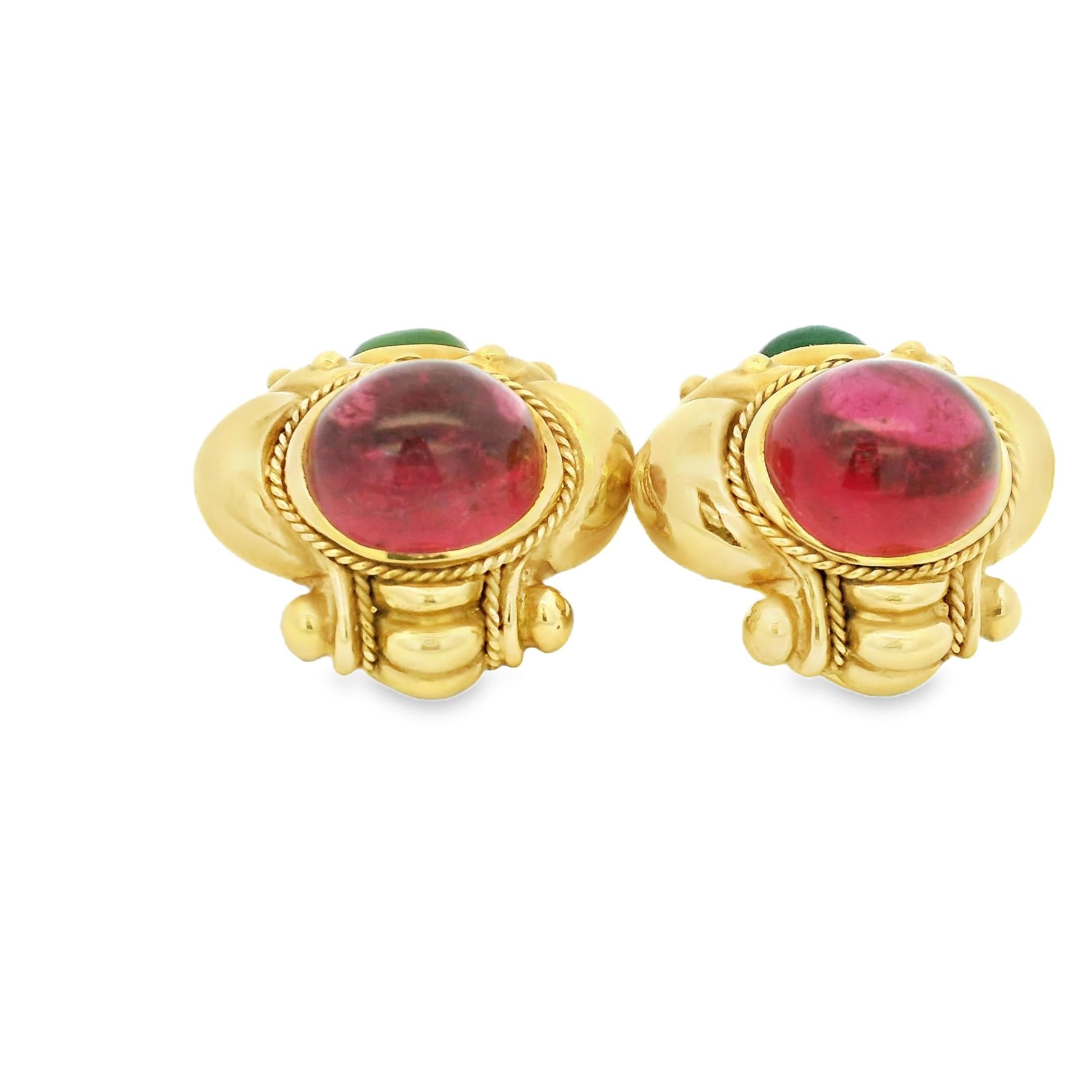 1980er JBC 18K Gelbgold Ohrringe mit rosa und grünen Turmalin Cabochons im Angebot 8