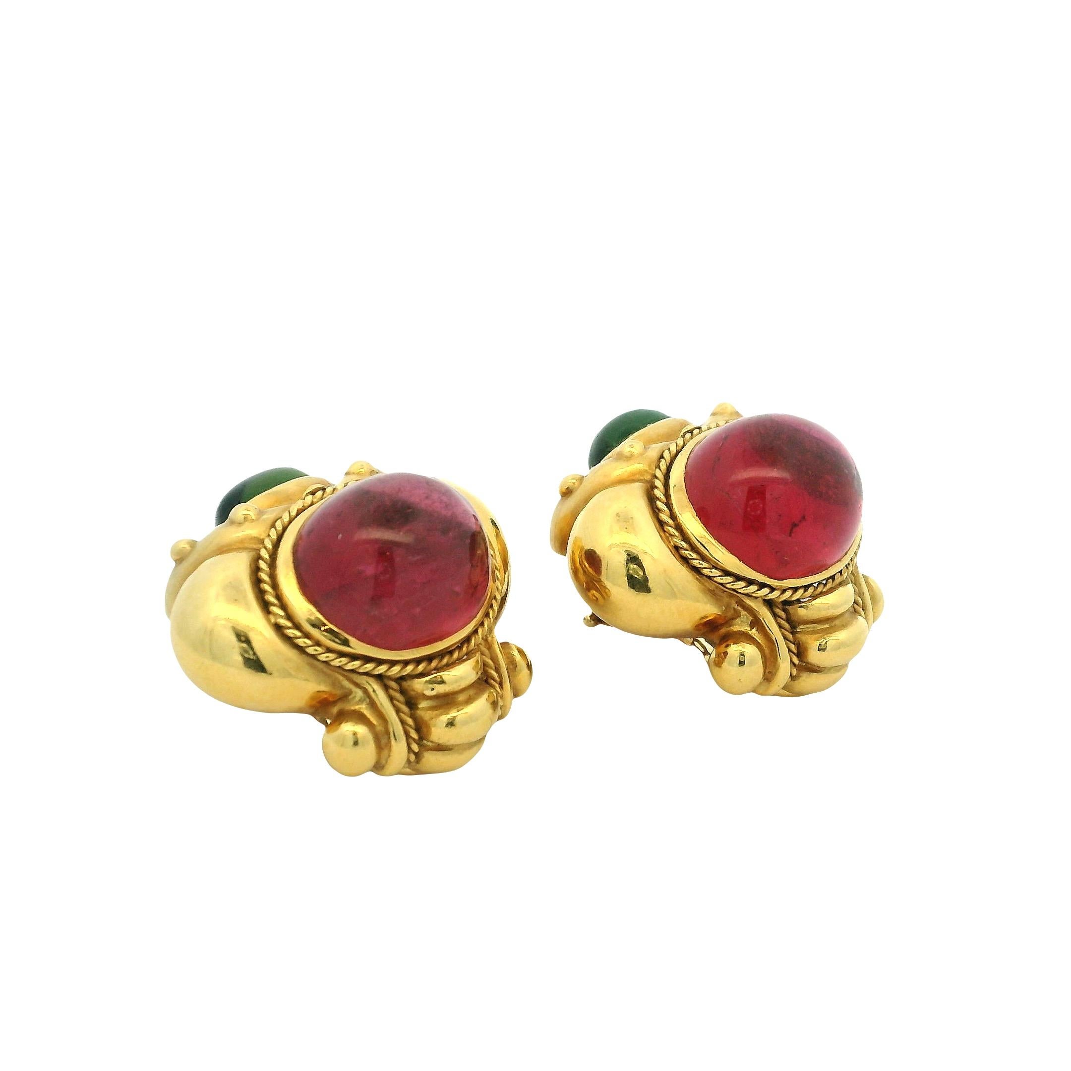 Baroque 1980s JBC 18K Yellow Gold Earrings with Pink & Green Tourmaline Cabochons en vente