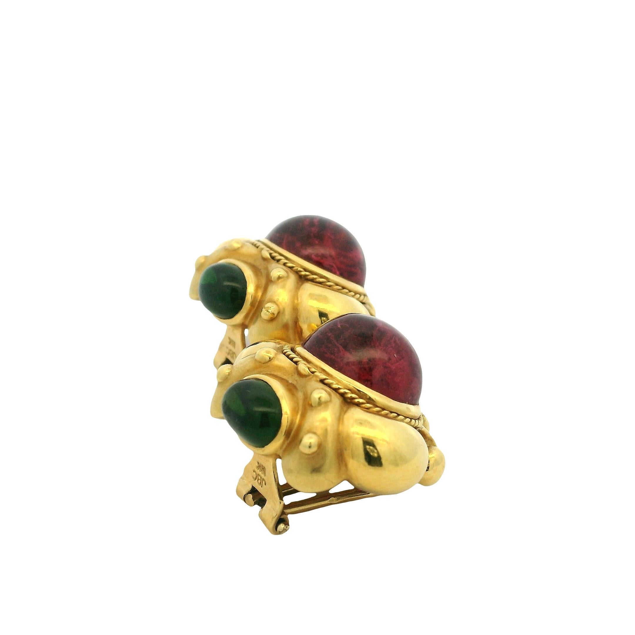 Taille cabochon 1980s JBC 18K Yellow Gold Earrings with Pink & Green Tourmaline Cabochons en vente