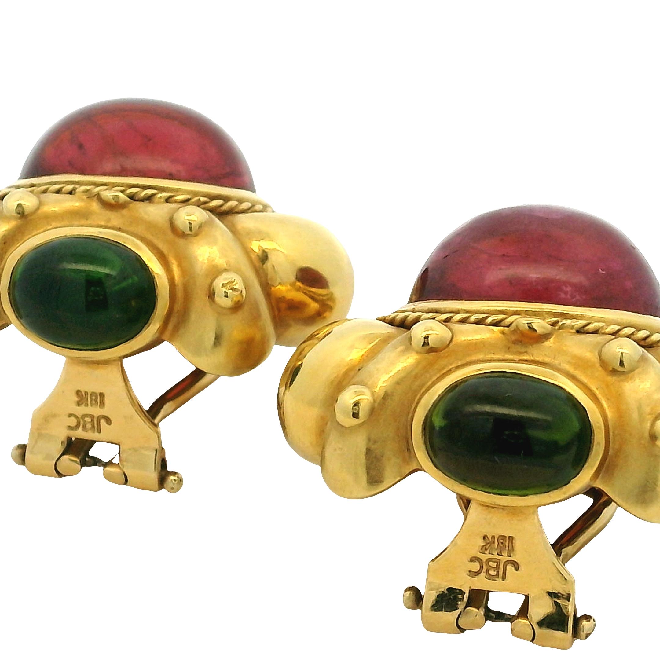 1980s JBC 18K Yellow Gold Earrings with Pink & Green Tourmaline Cabochons Pour femmes en vente