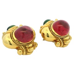 1980s JBC 18K Yellow Gold Earrings with Pink & Green Tourmaline Cabochons