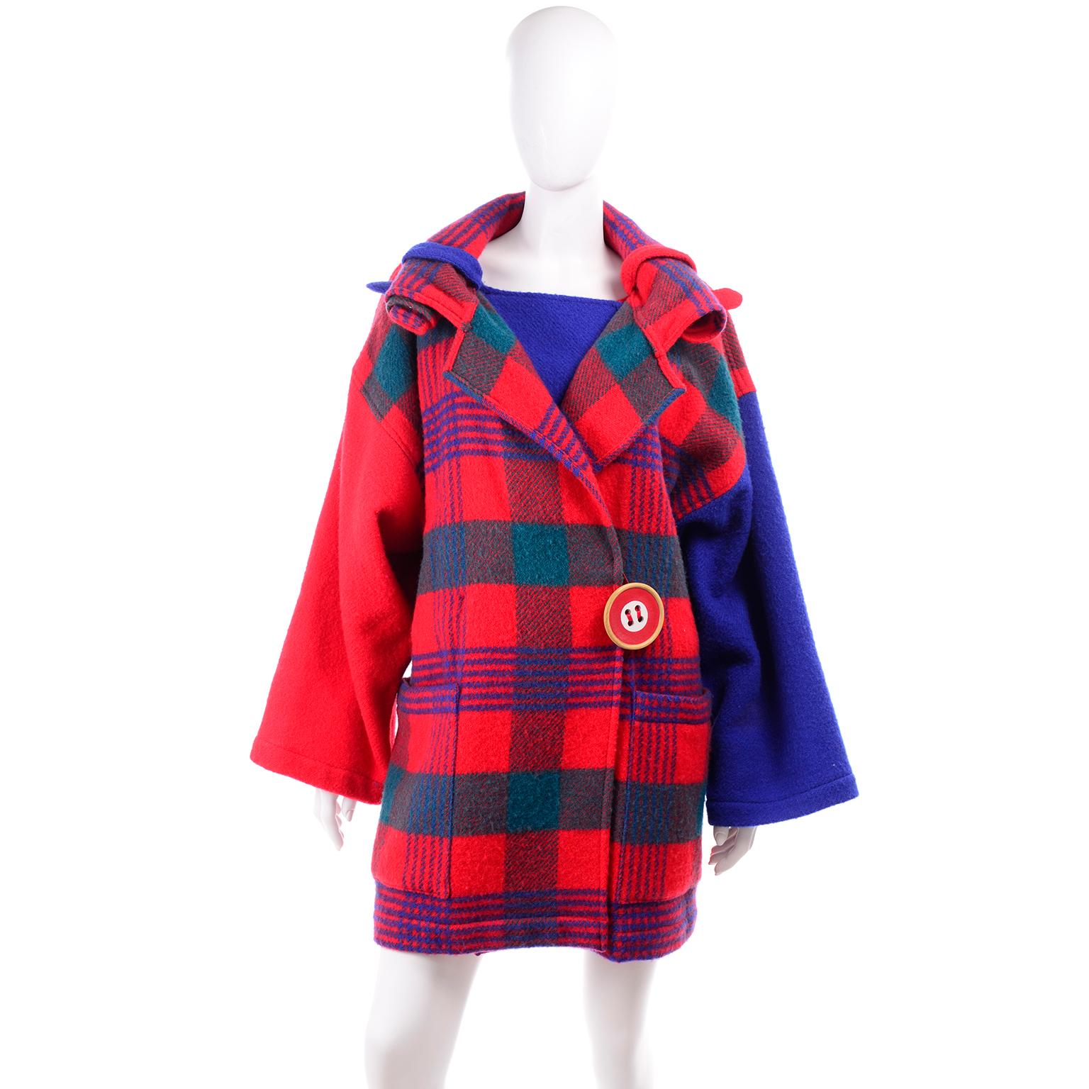 1980s Jean Charles de Castelbajac Red & Blue Plaid Vintage Blanket Coat W/ Hood 3