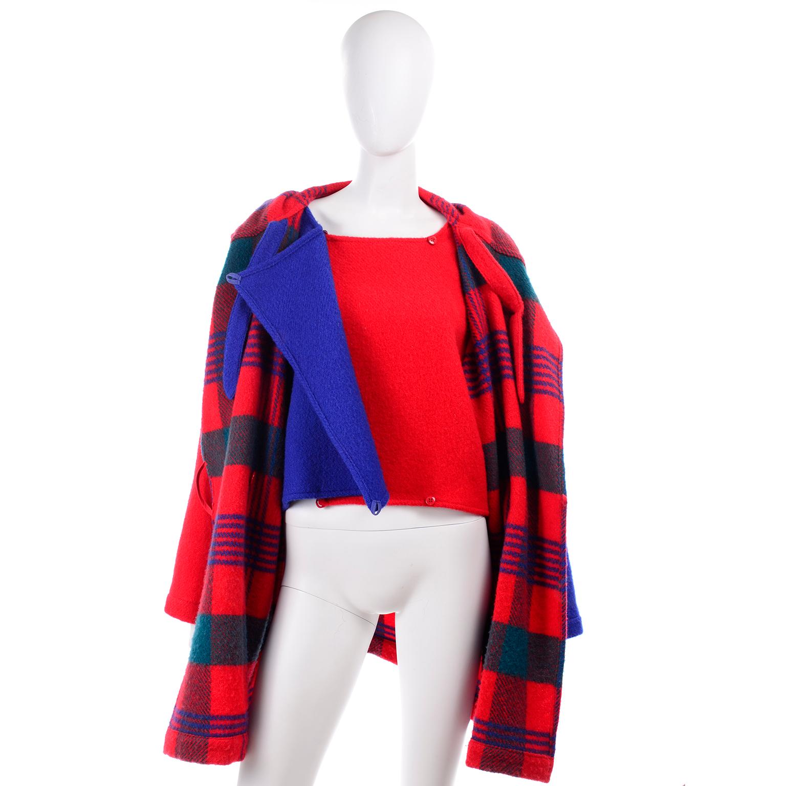 1980s Jean Charles de Castelbajac Red & Blue Plaid Vintage Blanket Coat W/ Hood 4