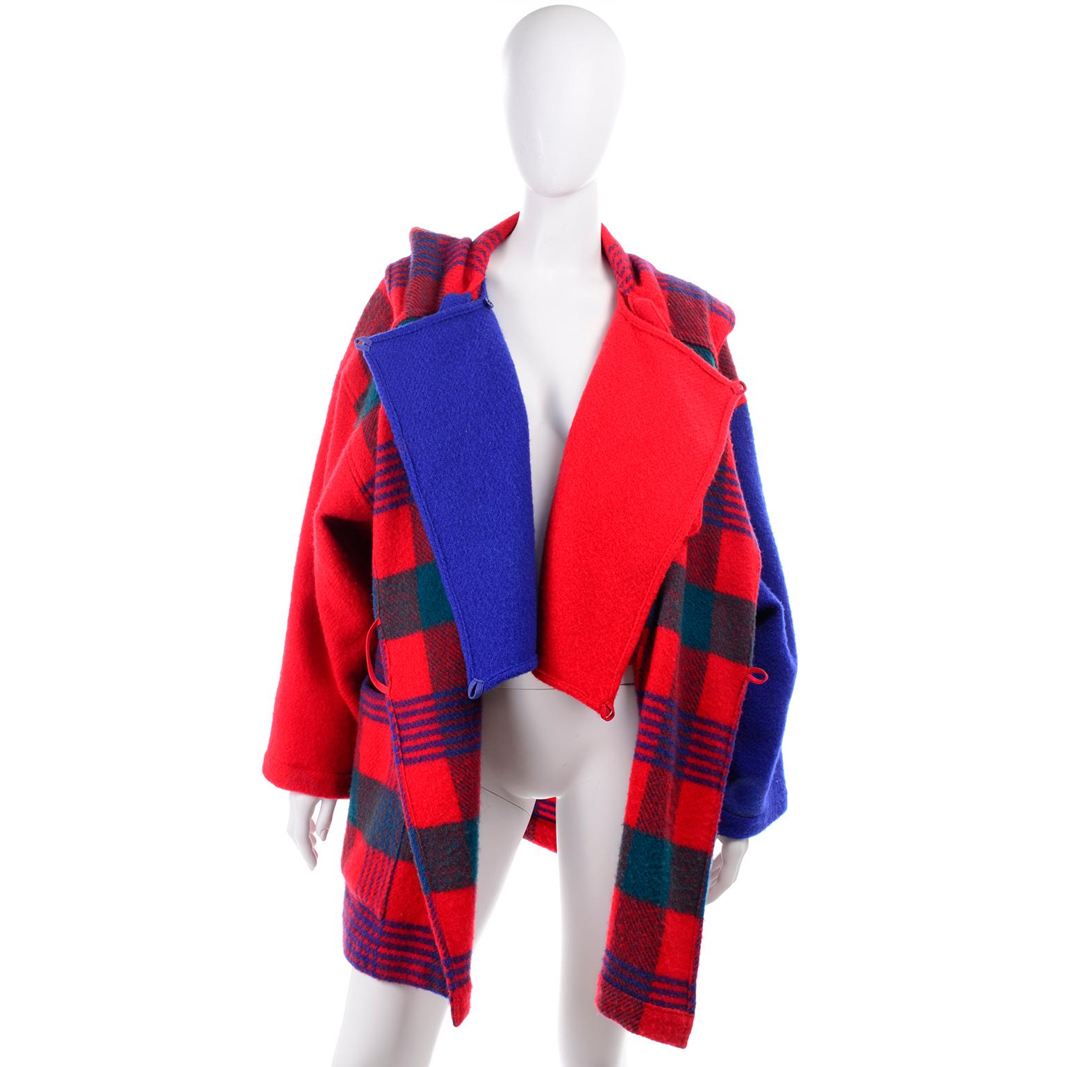 1980s Jean Charles de Castelbajac Red & Blue Plaid Vintage Blanket Coat W/ Hood 5