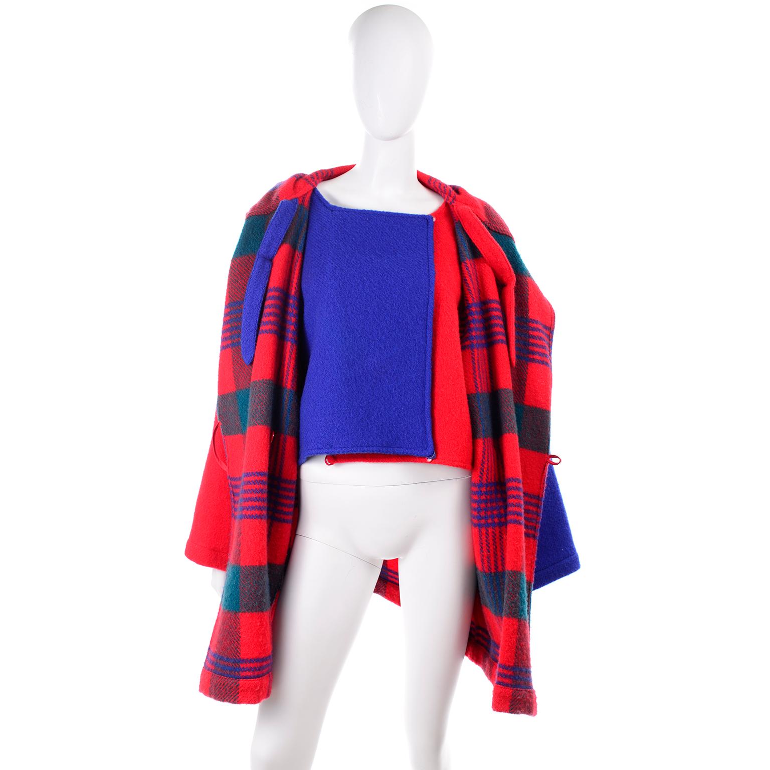 1980s Jean Charles de Castelbajac Red & Blue Plaid Vintage Blanket Coat W/ Hood 8