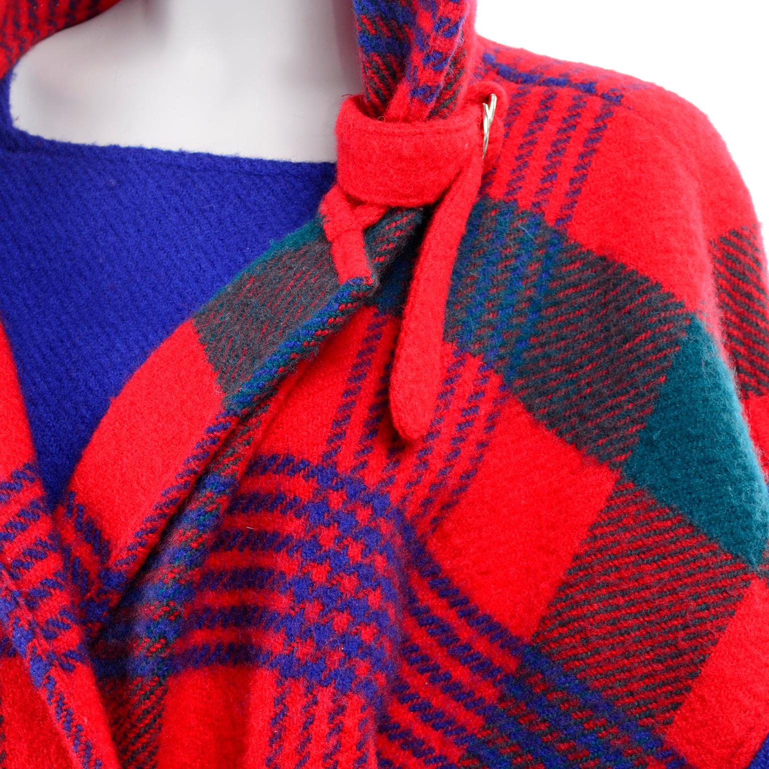 1980s Jean Charles de Castelbajac Red & Blue Plaid Vintage Blanket Coat W/ Hood 9