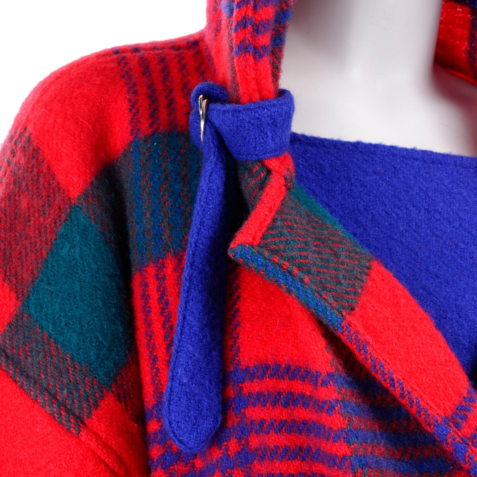 1980s Jean Charles de Castelbajac Red & Blue Plaid Vintage Blanket Coat W/ Hood 10