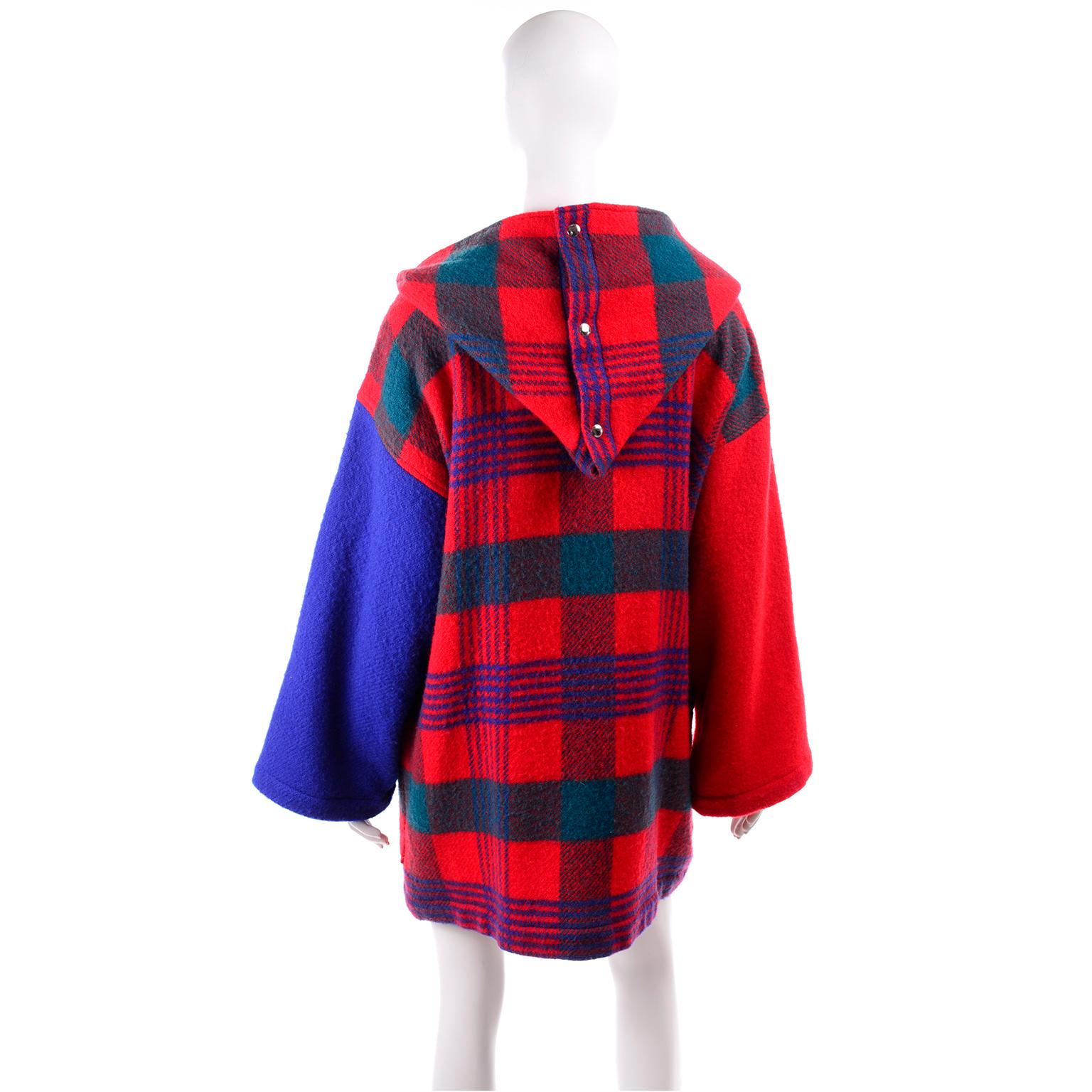 1980s Jean Charles de Castelbajac Red & Blue Plaid Vintage Blanket Coat W/ Hood In Excellent Condition In Portland, OR