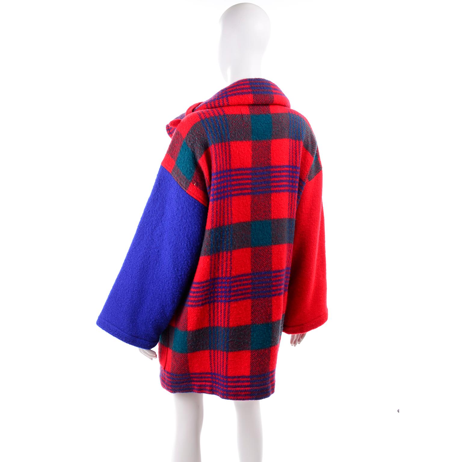 Women's 1980s Jean Charles de Castelbajac Red & Blue Plaid Vintage Blanket Coat W/ Hood