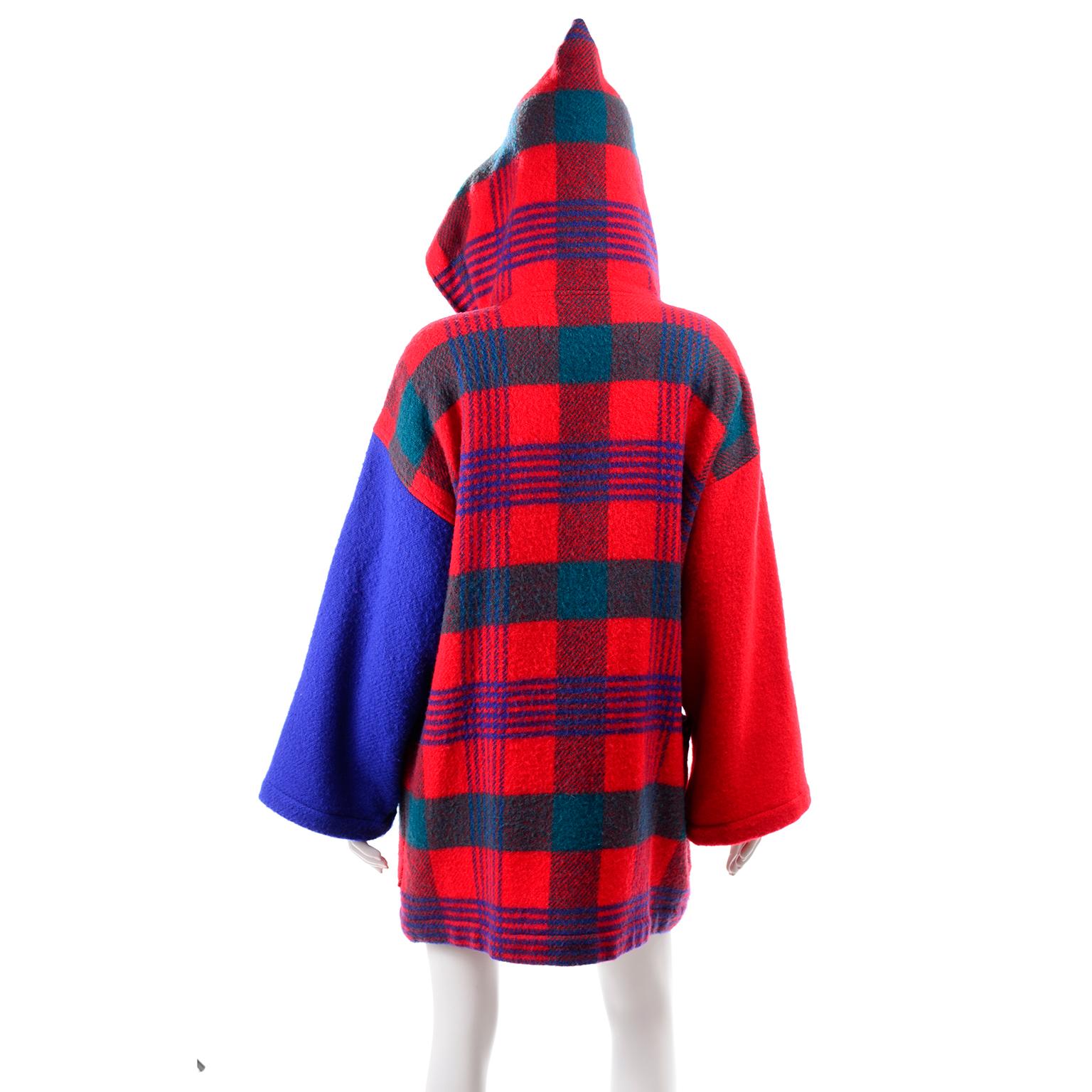 1980s Jean Charles de Castelbajac Red & Blue Plaid Vintage Blanket Coat W/ Hood 1