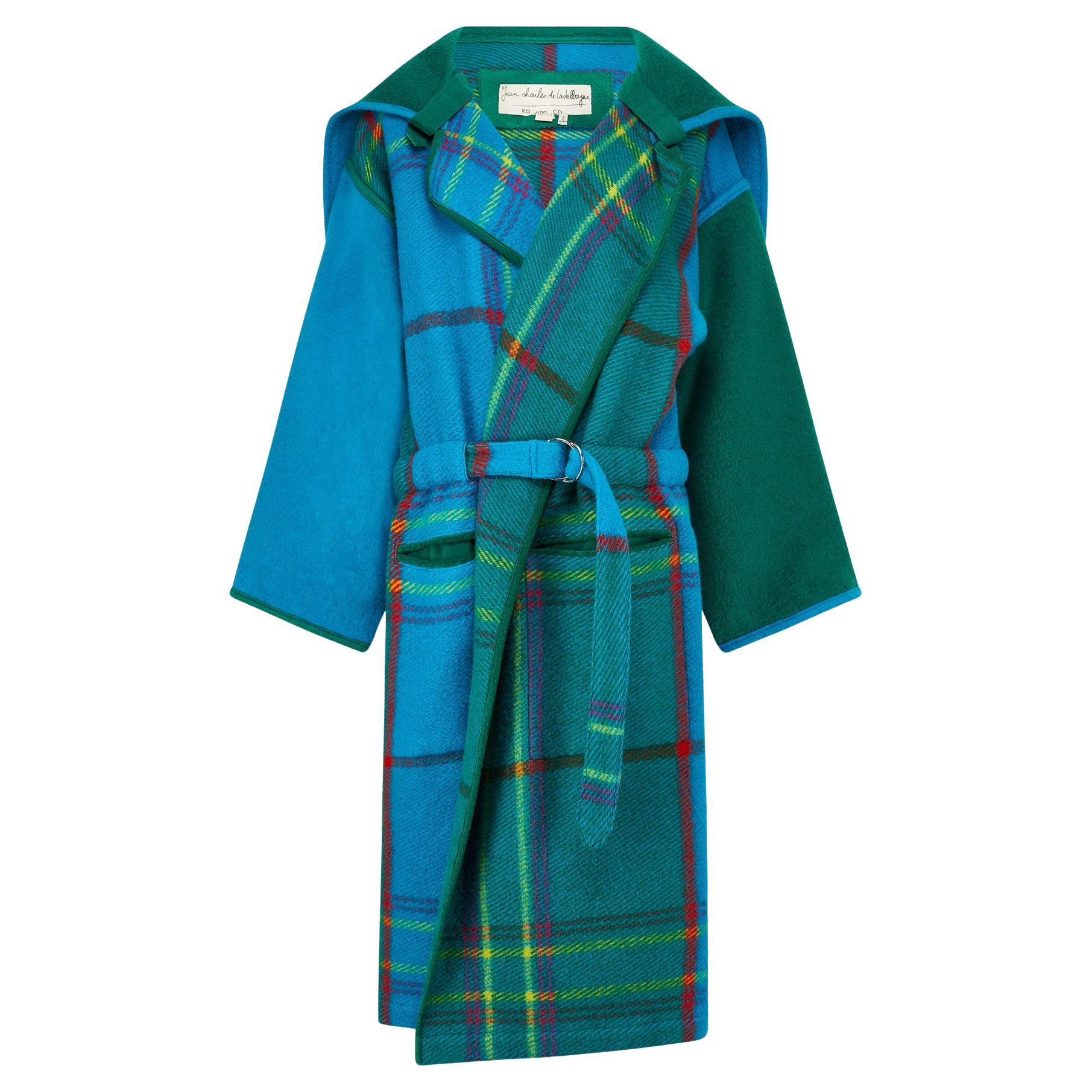 1980s Jean Charles De Castelbajac Turquoise Green Tartan Wool Coat