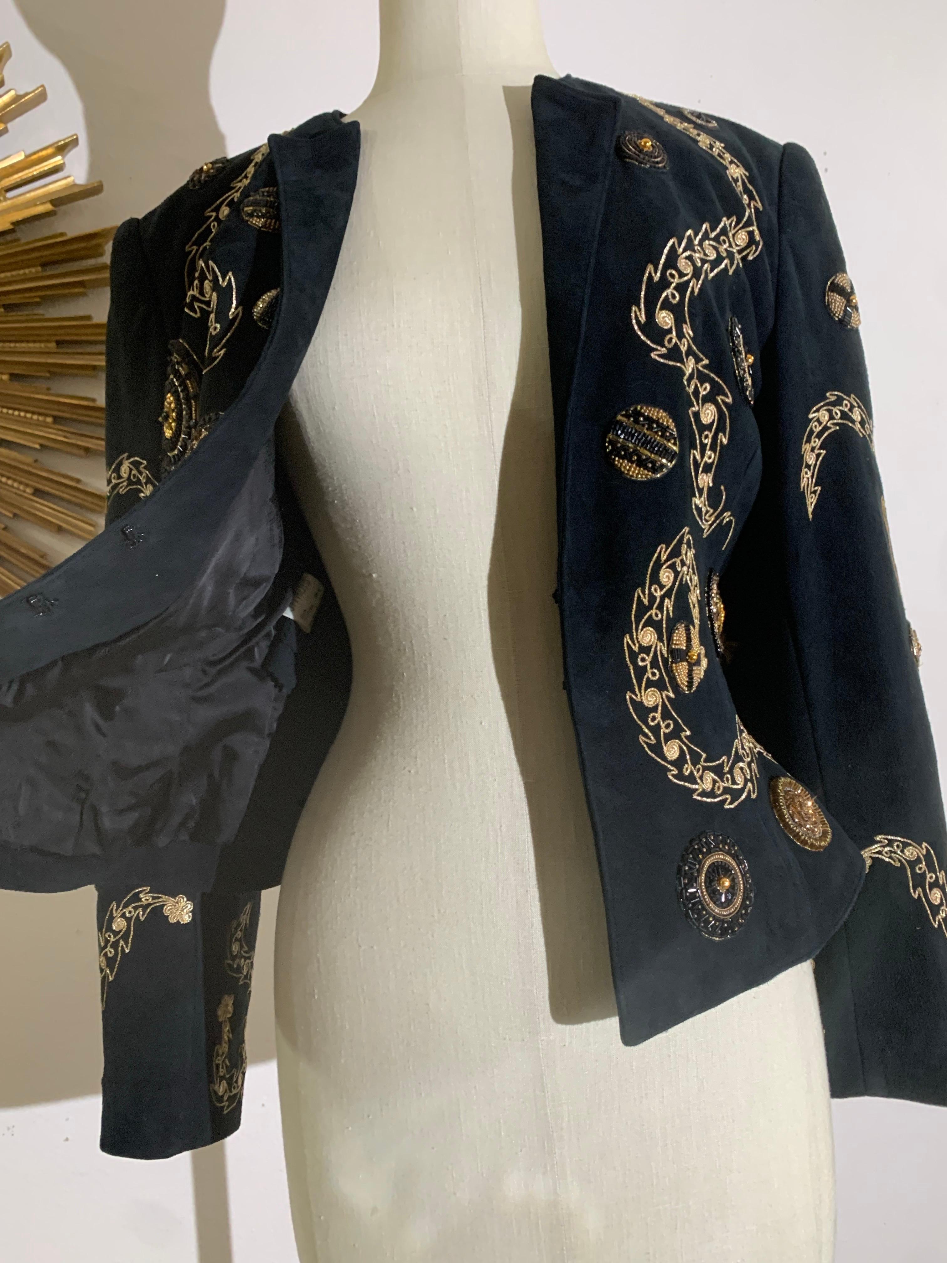 1980s Jean-Claude Jitrois Black Suede Wasp-Waist Jacket w Gold Bead Work For Sale 10