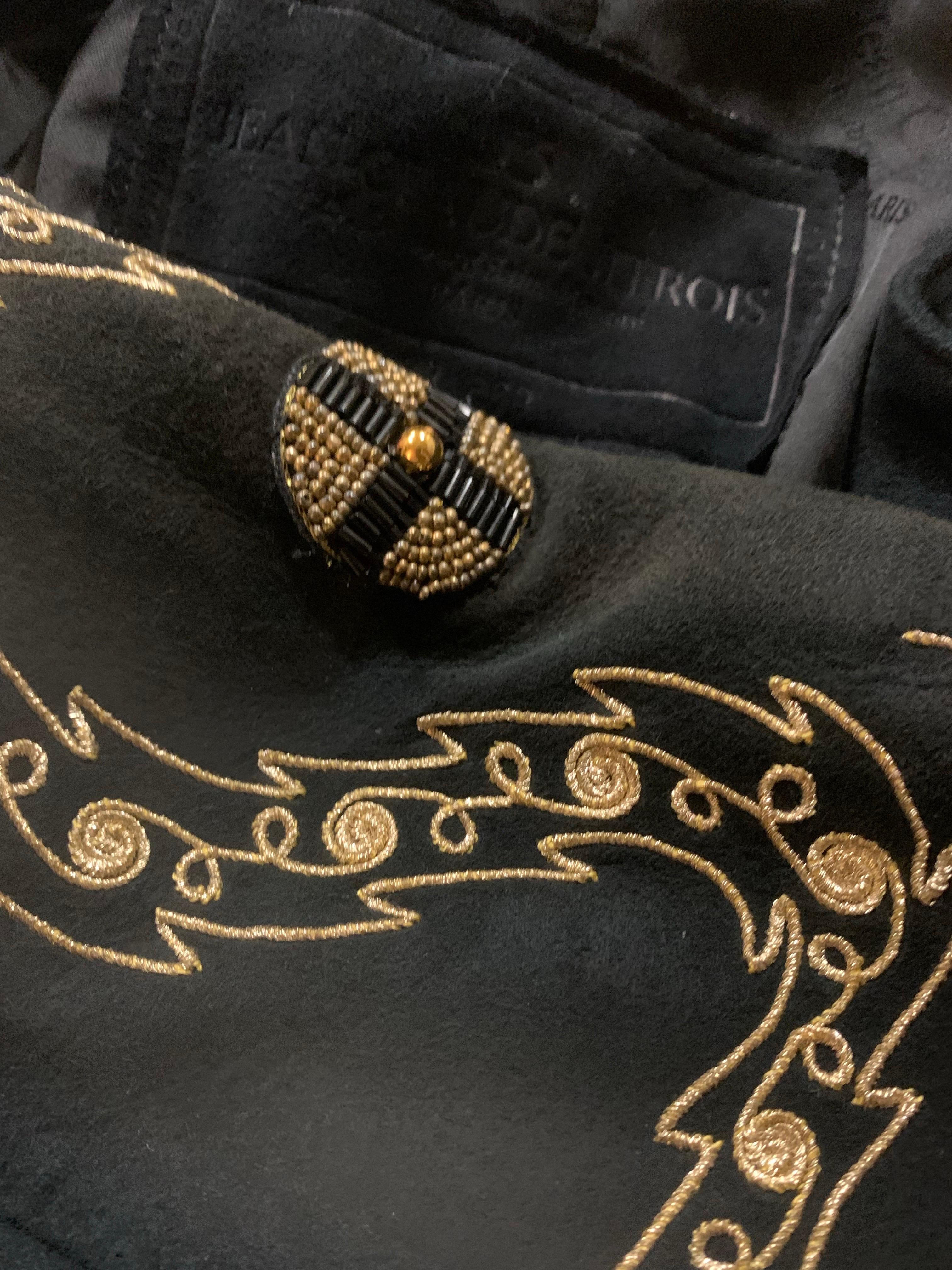 1980s Jean-Claude Jitrois Black Suede Wasp-Waist Jacket w Gold Bead Work For Sale 12