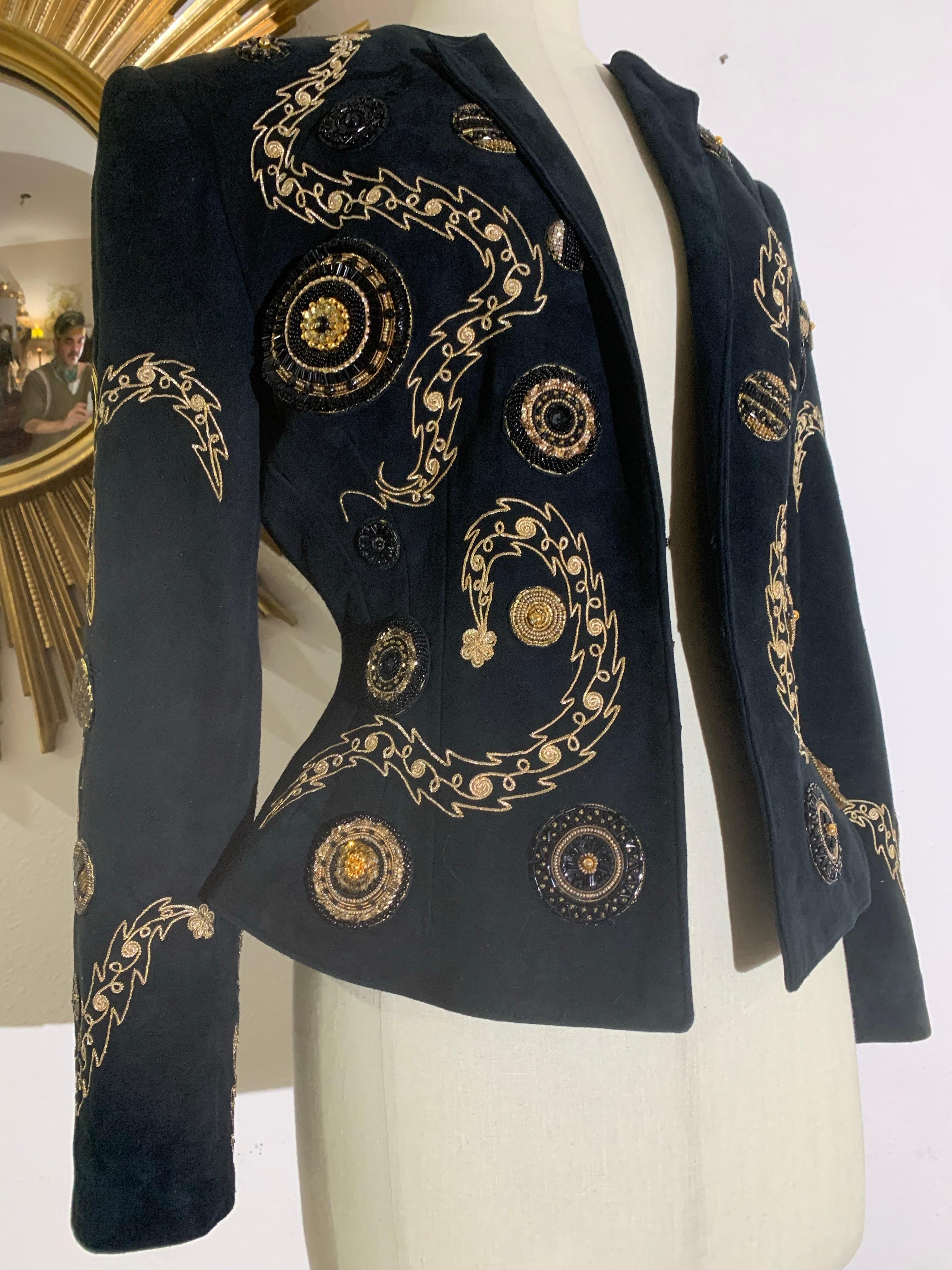 1980s Jean-Claude Jitrois Black Suede Wasp-Waist Jacket w Gold Bead Work For Sale 13