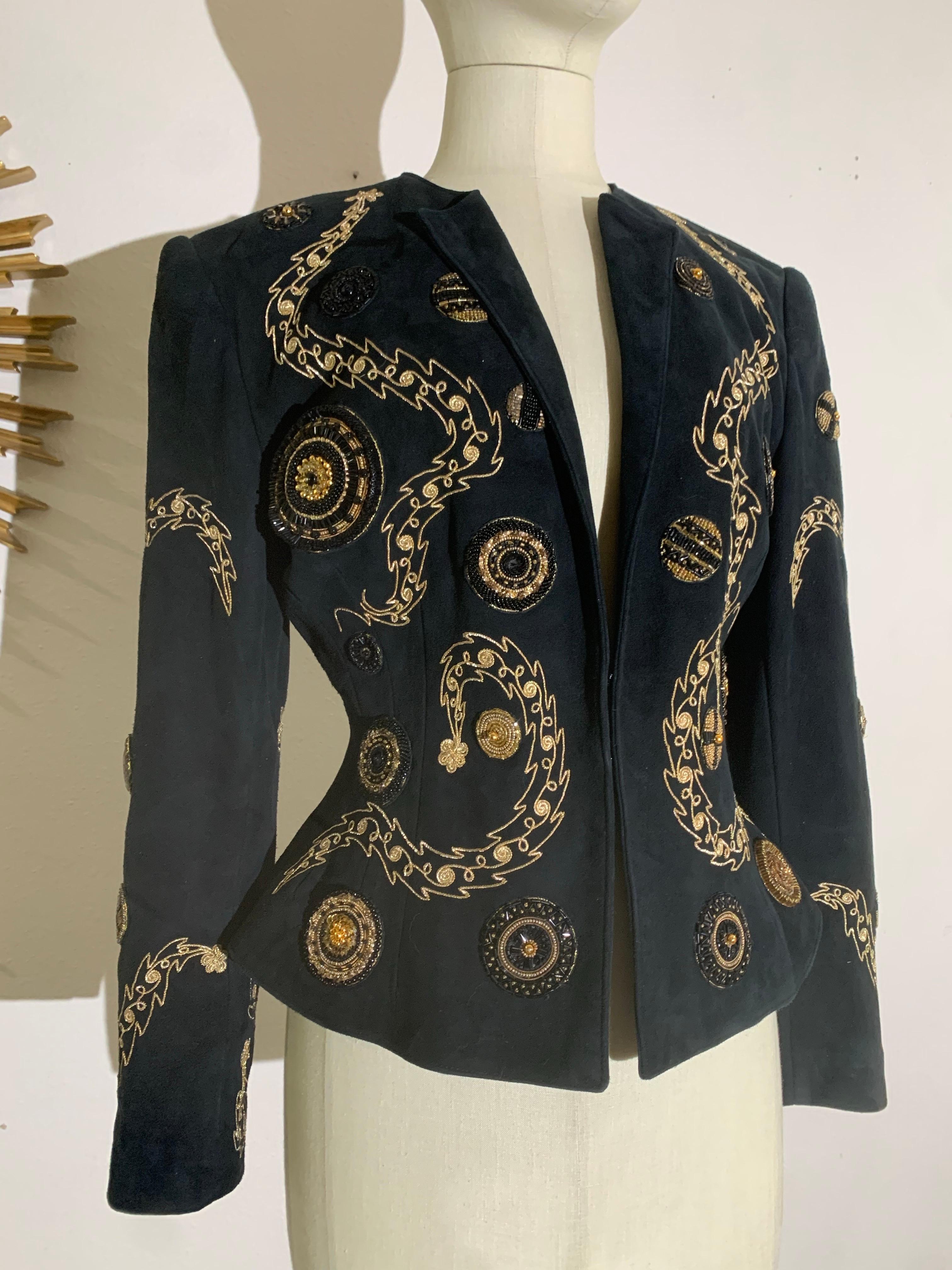 1980s Jean-Claude Jitrois Black Suede Wasp-Waist Jacket w Gold and Black Bead Work Medallions and Serpentine Cording Designs: Hook and eye closures. Fully lined in black satin. US size 6-7.
