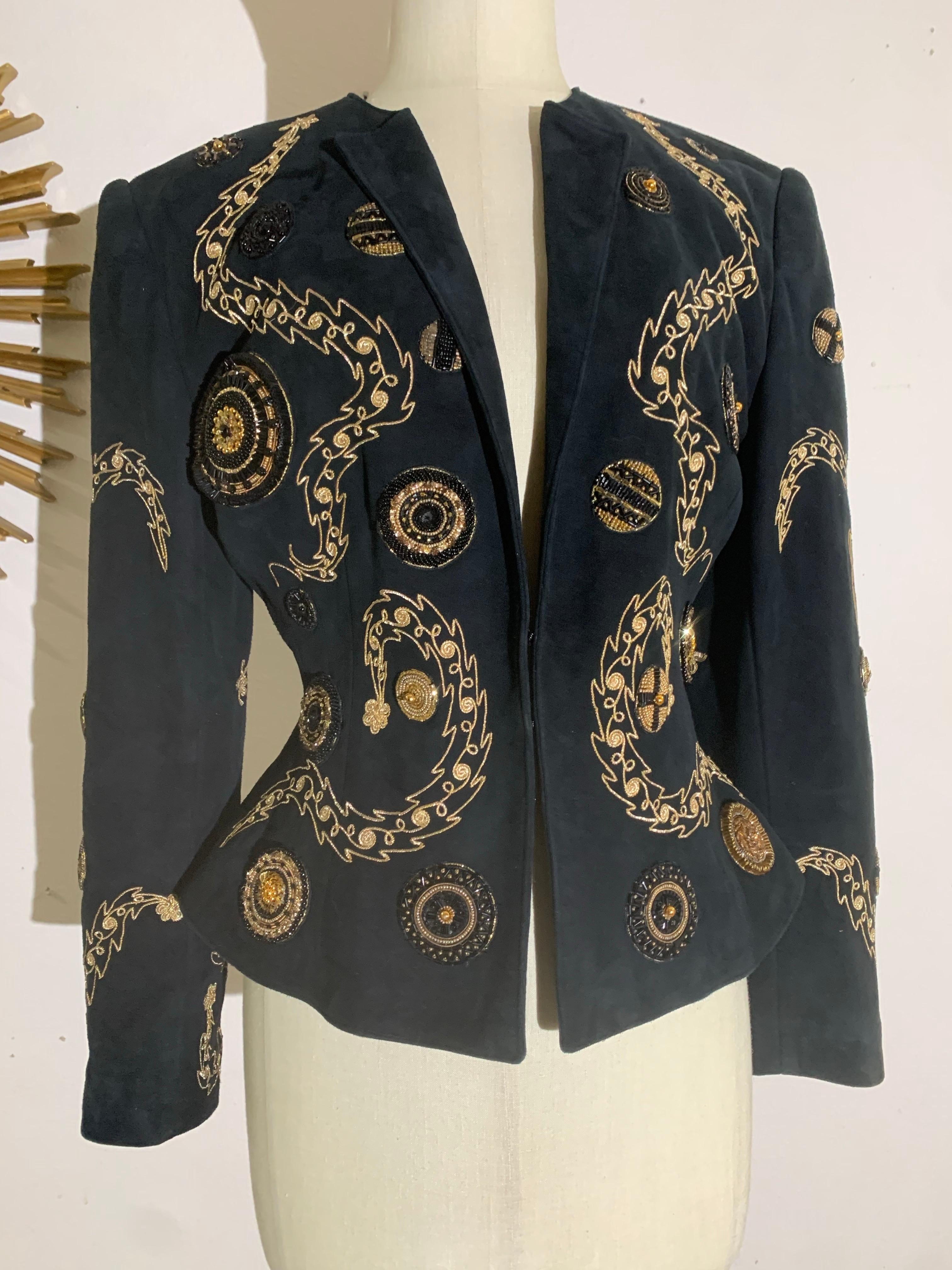 1980s Jean-Claude Jitrois Black Suede Wasp-Waist Jacket w Gold Bead Work In Excellent Condition For Sale In Gresham, OR