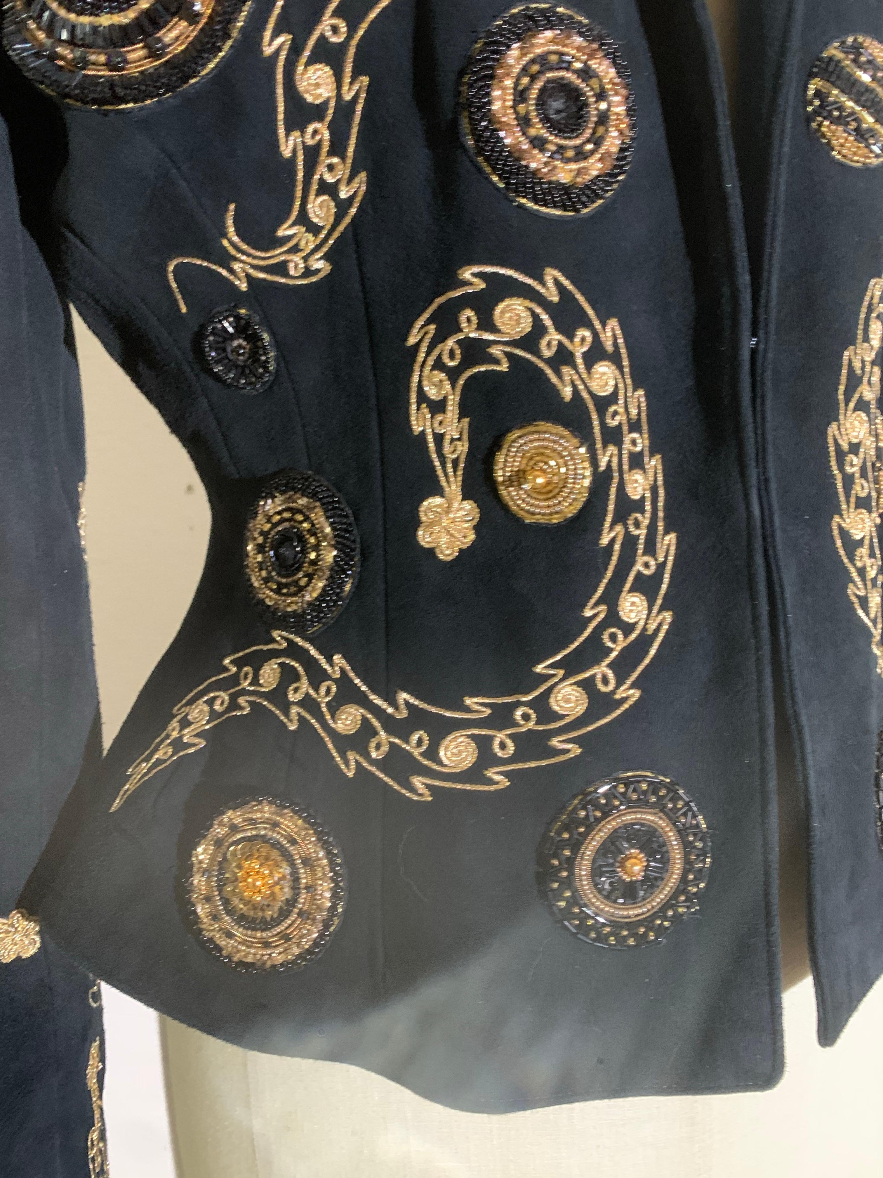 Women's 1980s Jean-Claude Jitrois Black Suede Wasp-Waist Jacket w Gold Bead Work For Sale