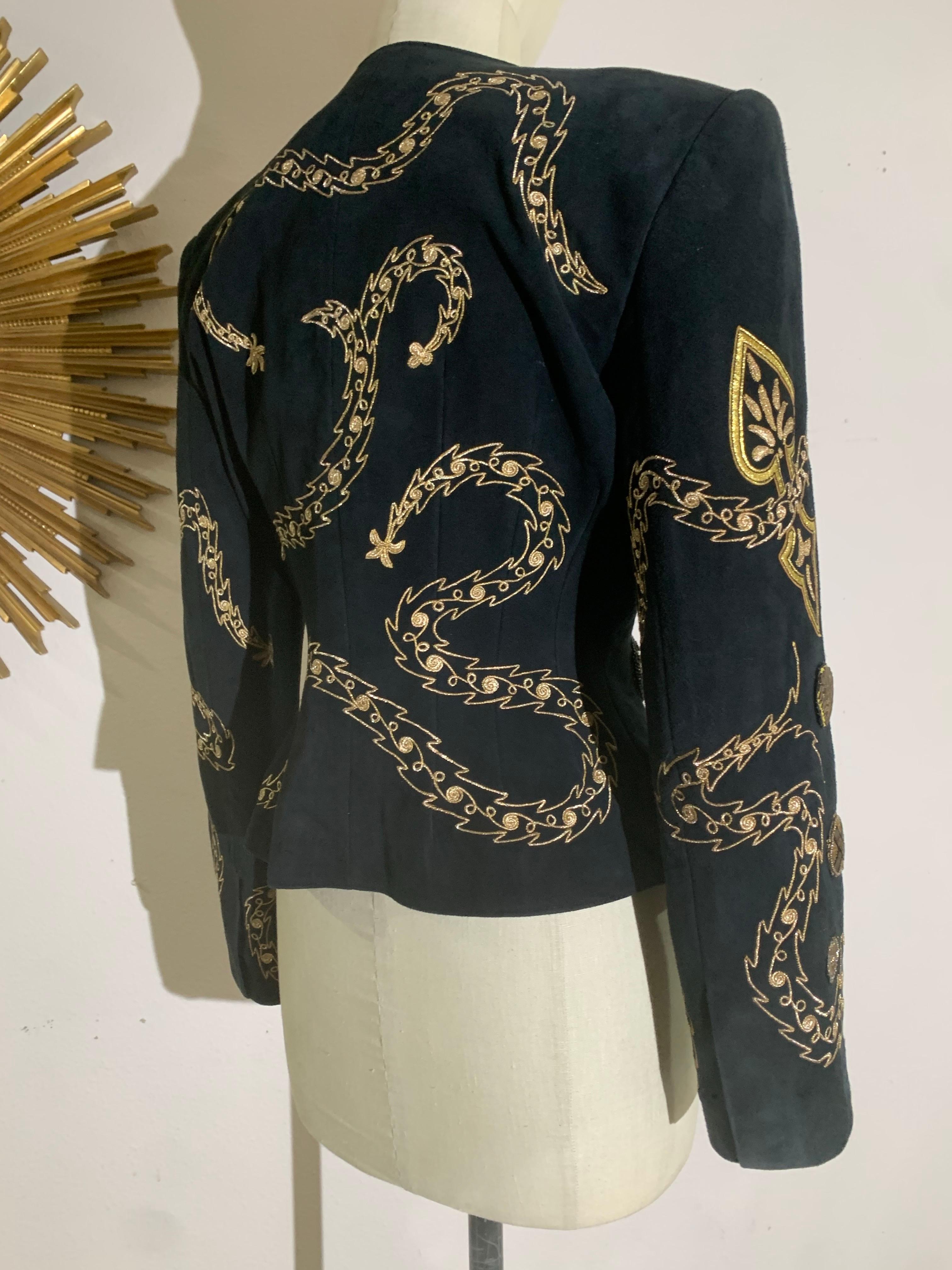 1980s Jean-Claude Jitrois Black Suede Wasp-Waist Jacket w Gold Bead Work For Sale 1