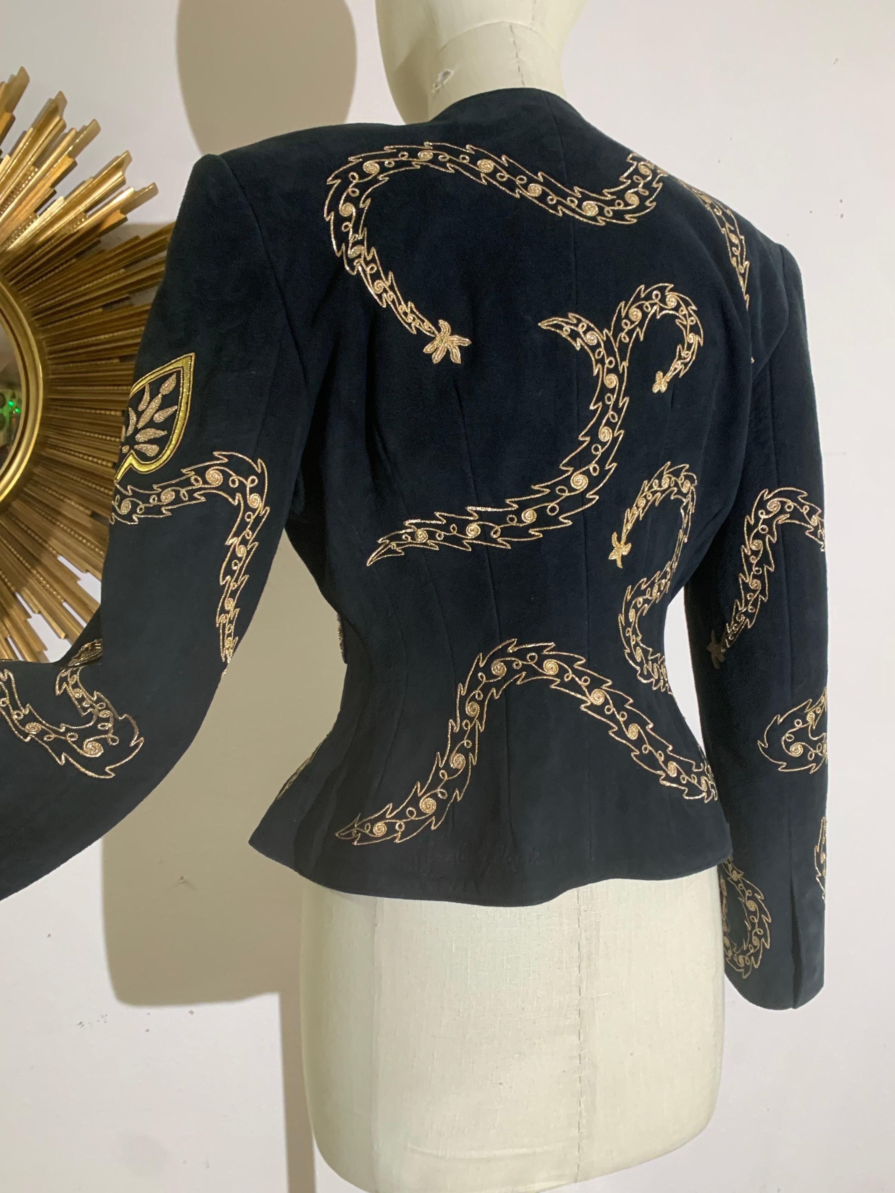 1980s Jean-Claude Jitrois Black Suede Wasp-Waist Jacket w Gold Bead Work For Sale 2