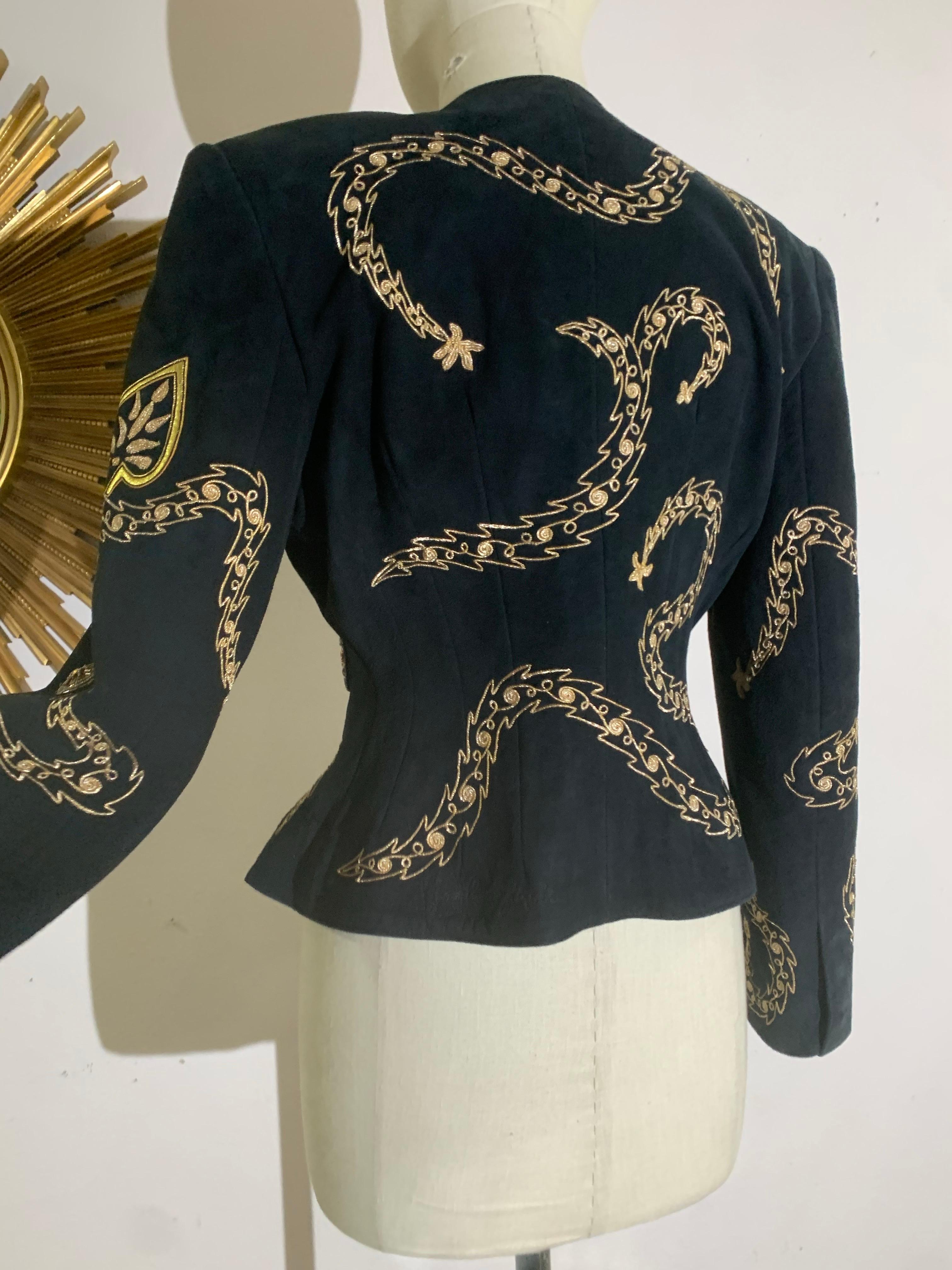 1980s Jean-Claude Jitrois Black Suede Wasp-Waist Jacket w Gold Bead Work For Sale 3