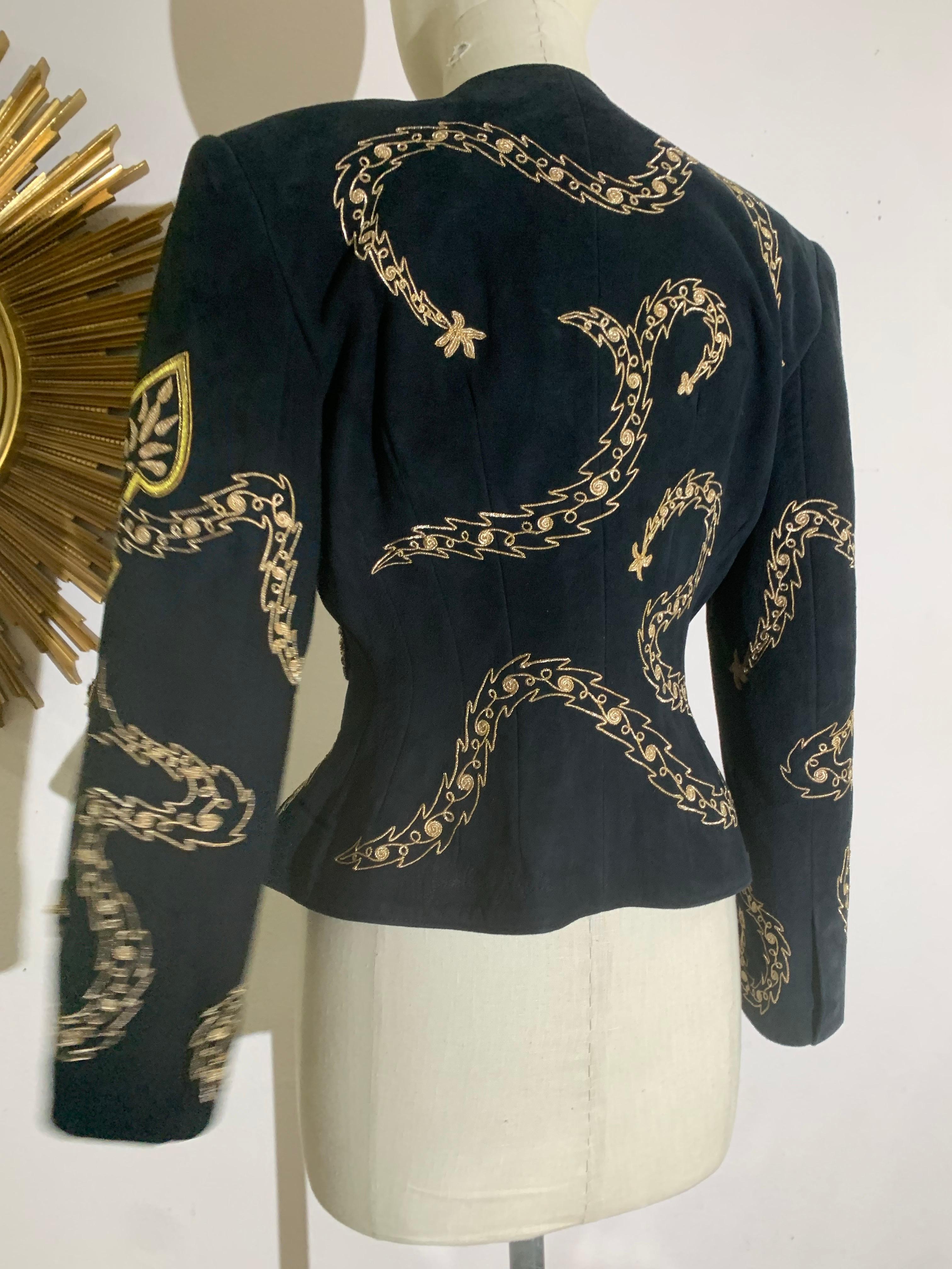 1980s Jean-Claude Jitrois Black Suede Wasp-Waist Jacket w Gold Bead Work For Sale 4