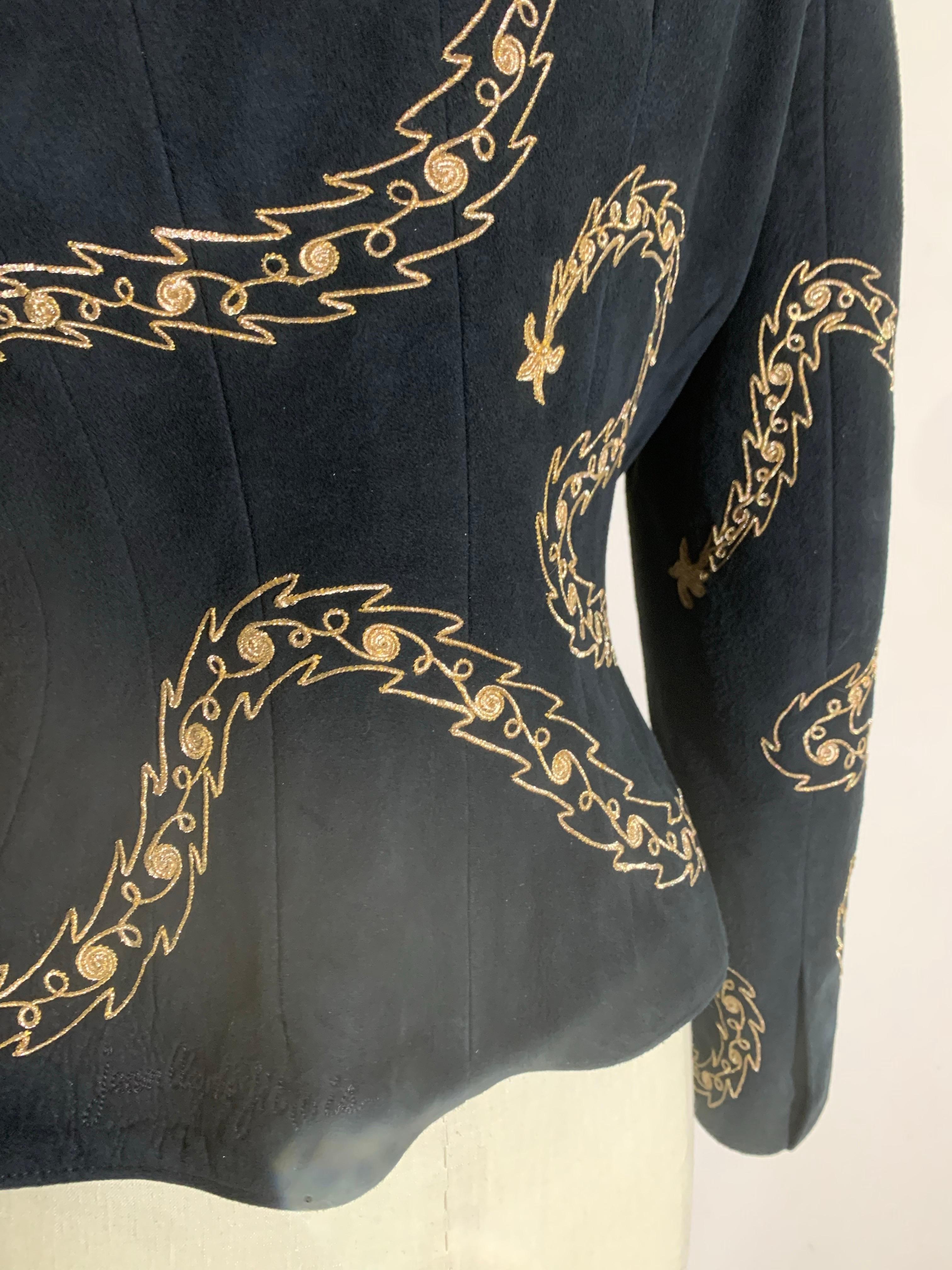 1980s Jean-Claude Jitrois Black Suede Wasp-Waist Jacket w Gold Bead Work For Sale 5