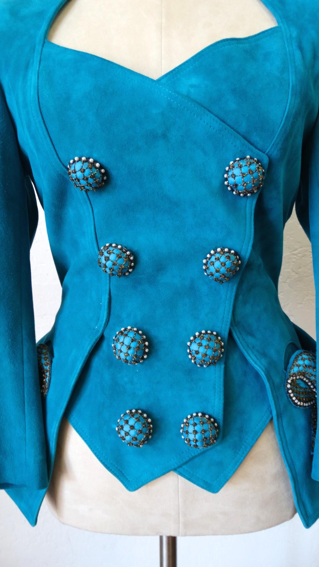 Jean Claude Jitrois 1980s Embellished Teal Leather Blazer For Sale 5