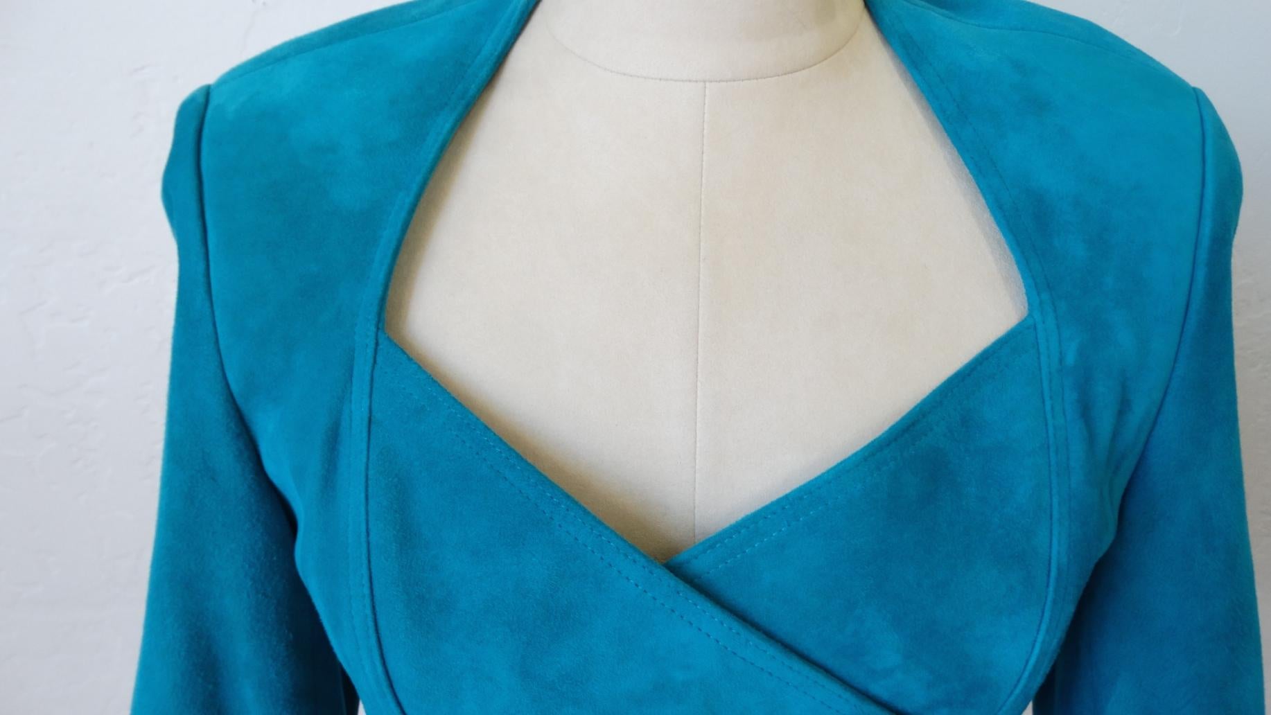 Jean Claude Jitrois 1980s Embellished Teal Leather Blazer For Sale 6