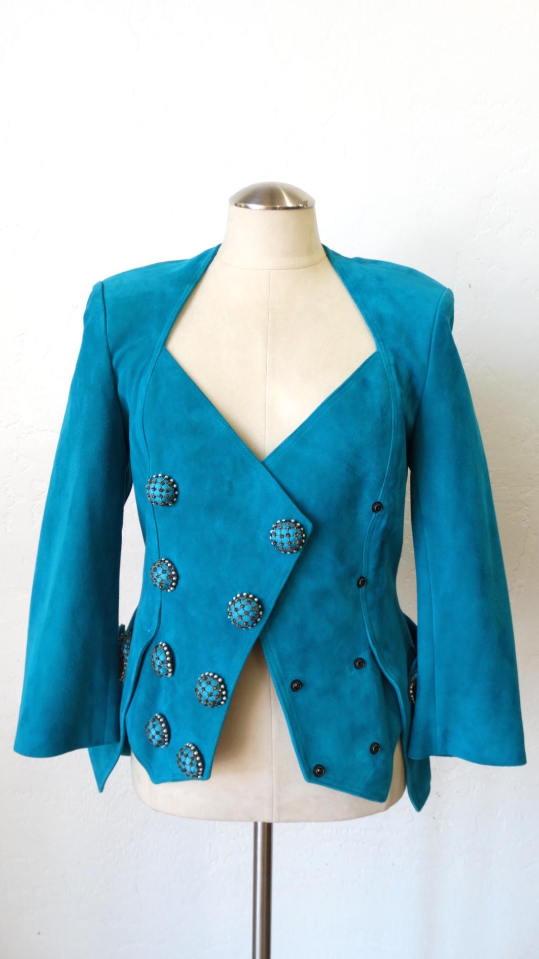 Jean Claude Jitrois 1980s Embellished Teal Leather Blazer For Sale 7