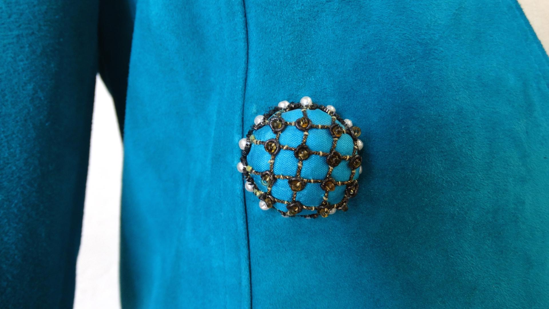 Jean Claude Jitrois 1980s Embellished Teal Leather Blazer For Sale 8
